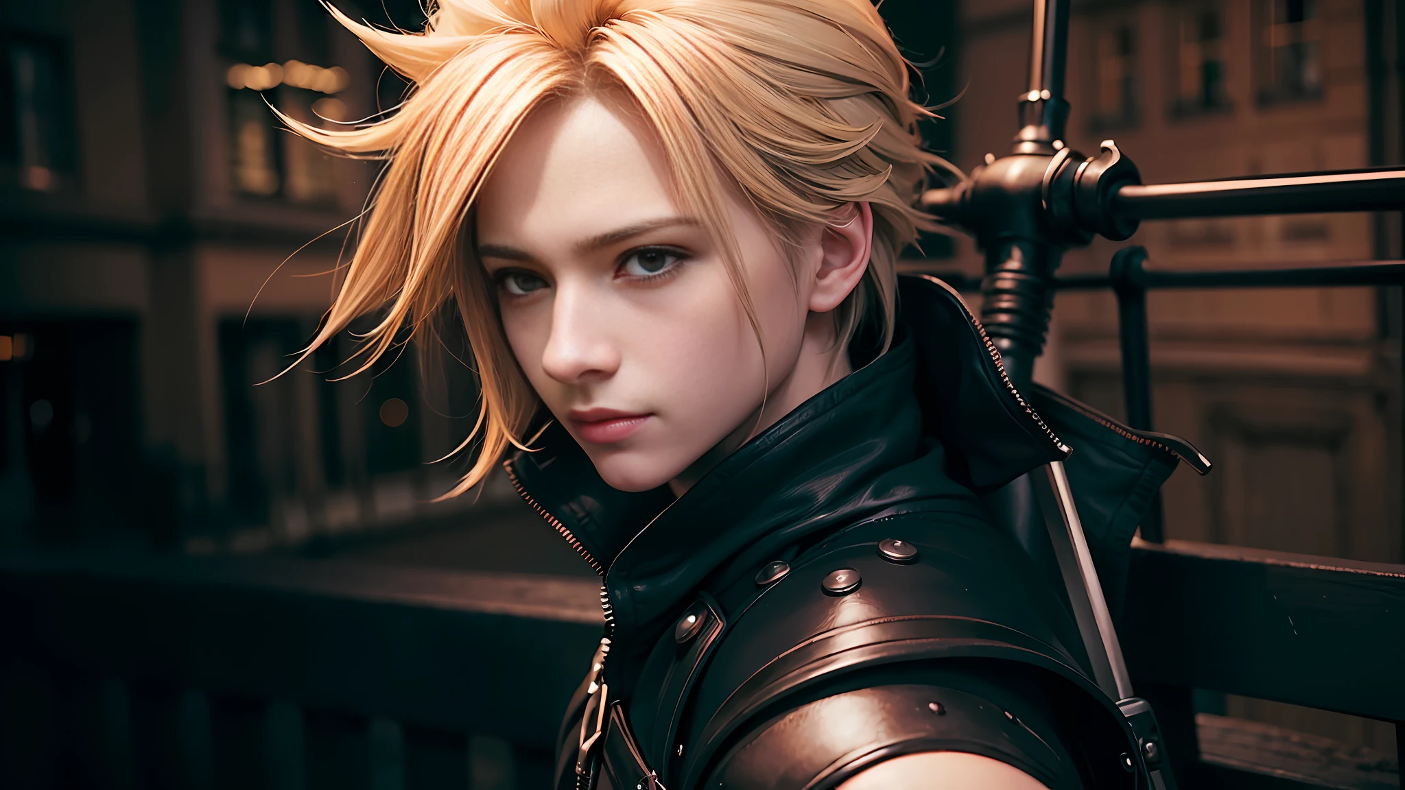 a close up of a person with a sword in a city, cloud strife, portrait of cloud strife, from final fantasy vii, final fantasy 7, from ff7, ff 7, cloud, from final fantasy, final fantasy face, final fantasy character, final fantasy, final - fantasy, final-fantasy, square enix, final fantsy, closeup portrait shot