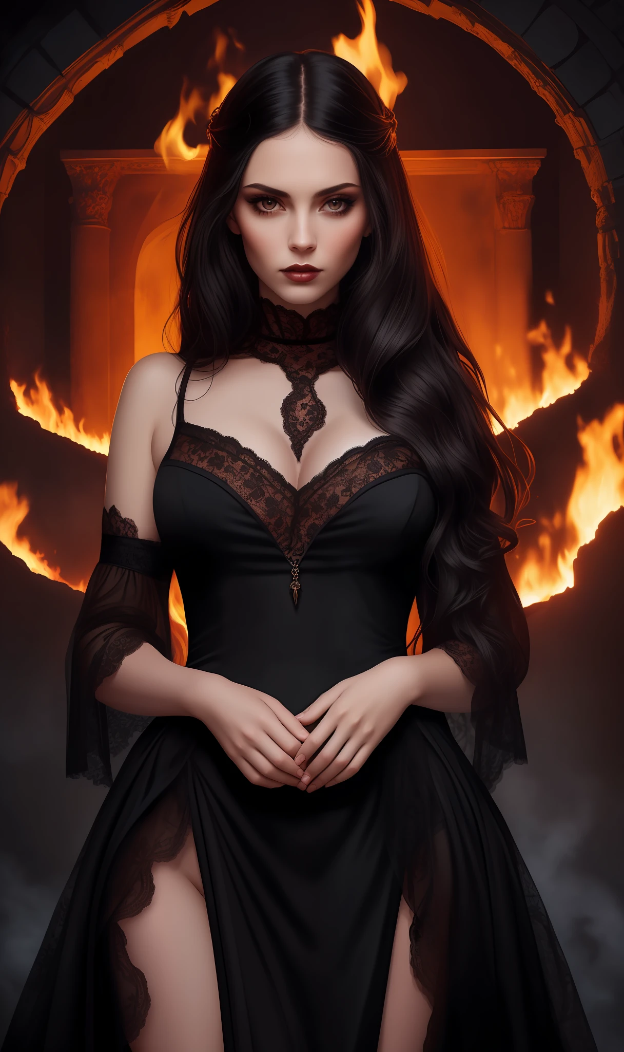 Gothic, Portrait, (((photorealistic portrait))), (((hyperrealistic portrait))). Beautiful (sexy young woman), long dark hair, (beautiful face), (((correct anatomy, correct body proportions))), correct hands, correct hands, correct hands, ((beautiful hands)), ((smooth fingers)) holds (skull vessel)), (dressed) in black (((erotic lace dress))), against the background of an old abandoned castle, (fire, smoke), late evening, dark, dramatic sky, light from fire., 8k uhd, dslr, soft light, quality, film grain, Fujifilm XT3