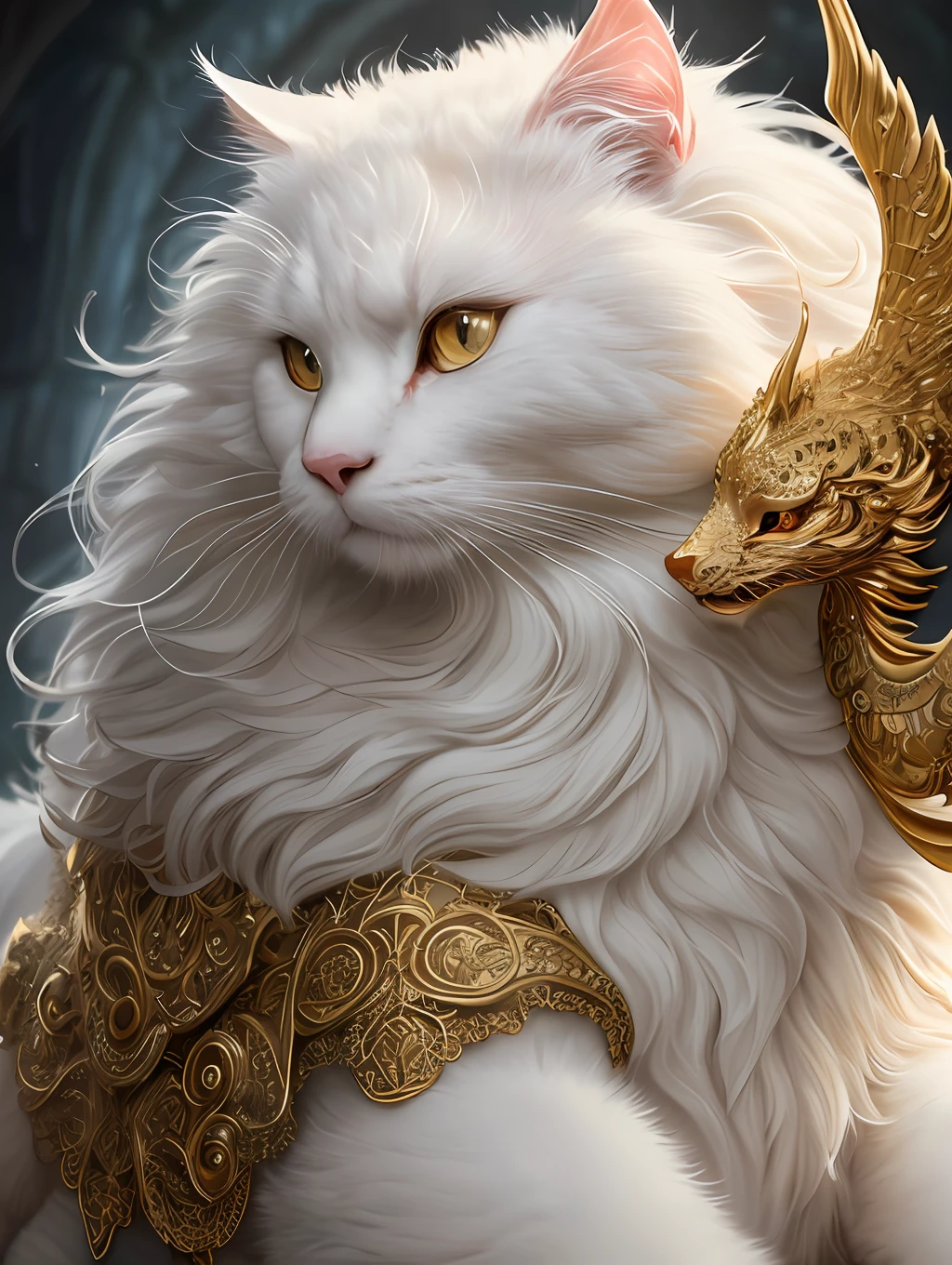 Large, fat, fluffy, white, long-haired Scottish cat, beside golden dragon with scaly skin sit in each other's arms and look at each other like lovers, concept art, complex, elegant, highly detailed digital painting, smooth, sharp focus, illustration, stunningly intricate detail, luminous filigree fantasy, digital art masterpiece, centred composition perfect composition, intricate pose, intricate, beautifully detailed insanely detailed octane rendering, 8k, art photography, photorealistic concept art, soft natural volumetric cinematic perfect light, award winning photography, masterpiece, oil on canvas, intricate, elegant, highly detailed digital artwork