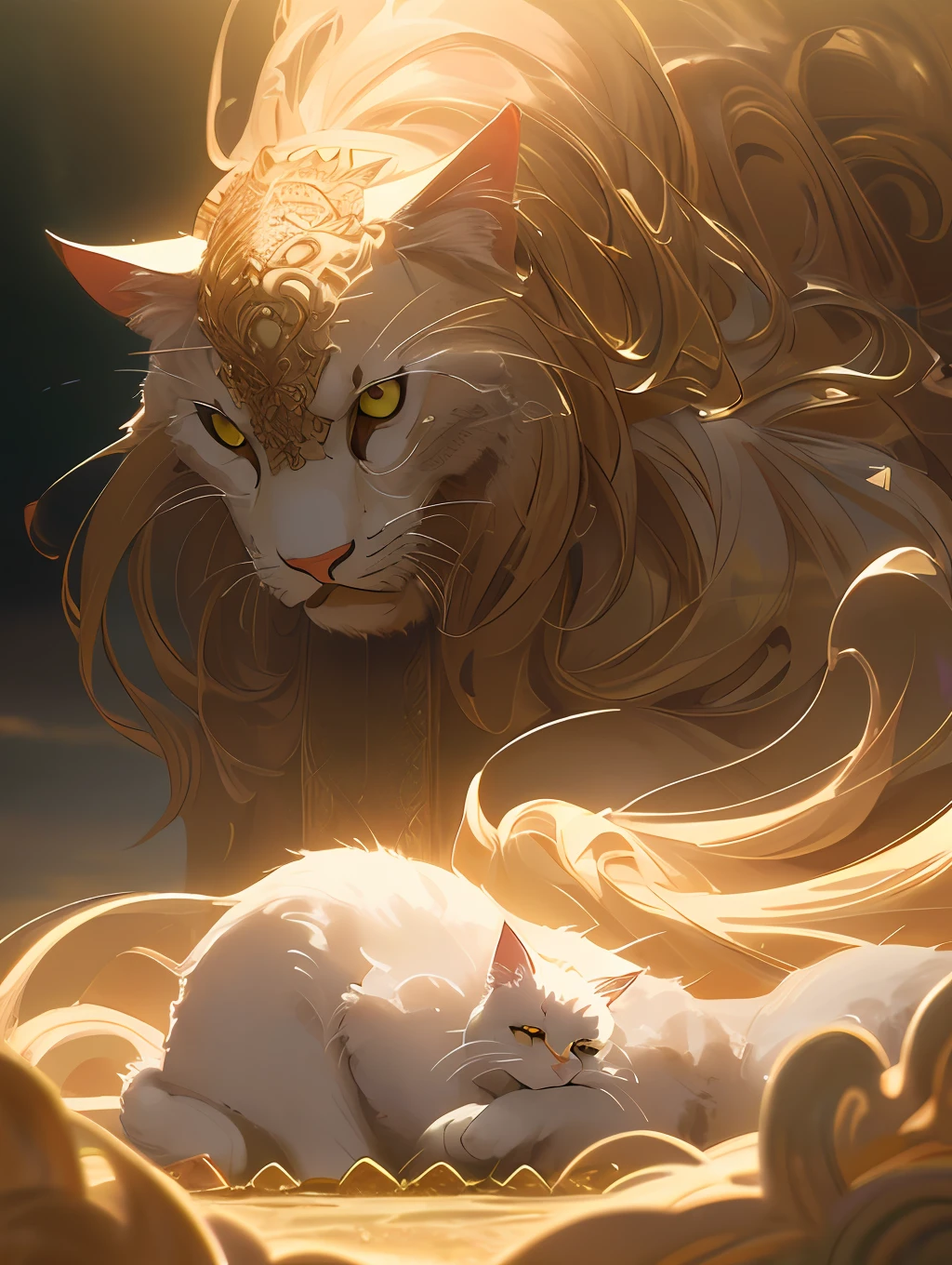 Large, fat, fluffy, white, long-haired Scottish cat, beside golden dragon with scaly skin sit in each other's arms and look at each other like lovers, concept art, complex, elegant, highly detailed digital painting, smooth, sharp focus, illustration, stunningly intricate detail, luminous filigree fantasy, digital art masterpiece, centred composition perfect composition, intricate pose, intricate, beautifully detailed insanely detailed octane rendering, 8k, art photography, photorealistic concept art, soft natural volumetric cinematic perfect light, award winning photography, masterpiece, oil on canvas, intricate, elegant, highly detailed digital artwork
