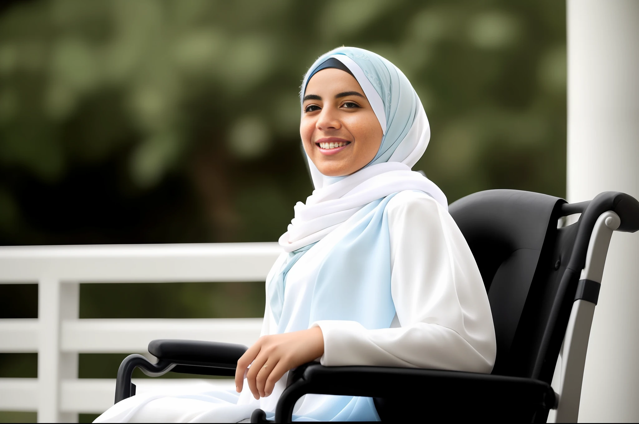 smiling girl wearing a powder blue hijab and a white scarf, young middle eastern, beautiful, close - up portrait shot, smiling girl, beautiful female, beautiful girl, close up portrait shot, muslim, beautiful and smiling, with a beautifull smile, beautiful smile, arab ameera al-taweel, closeup portrait shot, portrait shot, serene smile, pefect hands and fingers