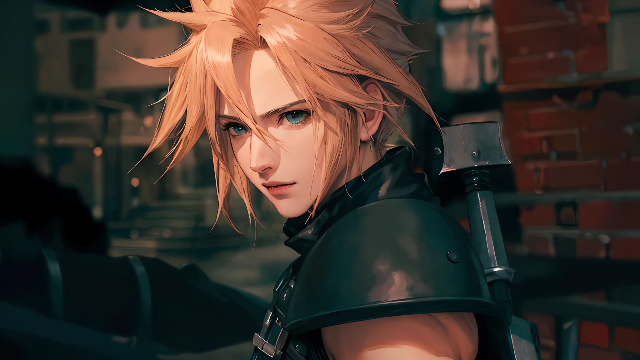 a close up of a person with a sword in a city, cloud strife, portrait of cloud strife, from final fantasy vii, final fantasy 7, from ff7, ff 7, cloud, from final fantasy, final fantasy face, final fantasy character, final fantasy, final - fantasy, final-fantasy, square enix, final fantsy, closeup portrait shot, cloud hair
