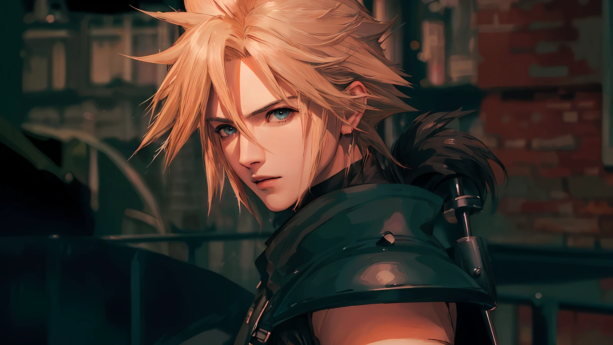 a close up of a person with a sword in a city, cloud strife, portrait of cloud strife, from final fantasy vii, final fantasy 7, from ff7, ff 7, cloud, from final fantasy, final fantasy face, final fantasy character, final fantasy, final - fantasy, final-fantasy, square enix, final fantsy, closeup portrait shot, cloud hair