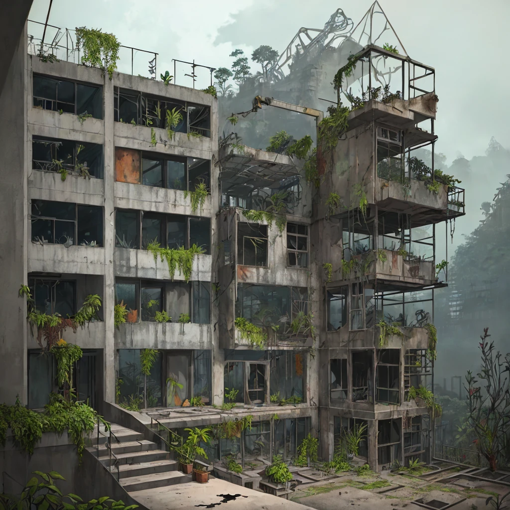 desolated, simplified, exterior, powder paint, confident drawing inspired by Factorio, tropical rainforest biome, unconventional flora, flawless layout, perspective, hand-drawing imitation, constructive approach, industrial staircase, (rusty, bunch of broken windows), concrete steel glass, matching elements, derelict, simplified water, artistical skies, dramatic scenery, streamlined setting, an overgrown inspired by Machinarium