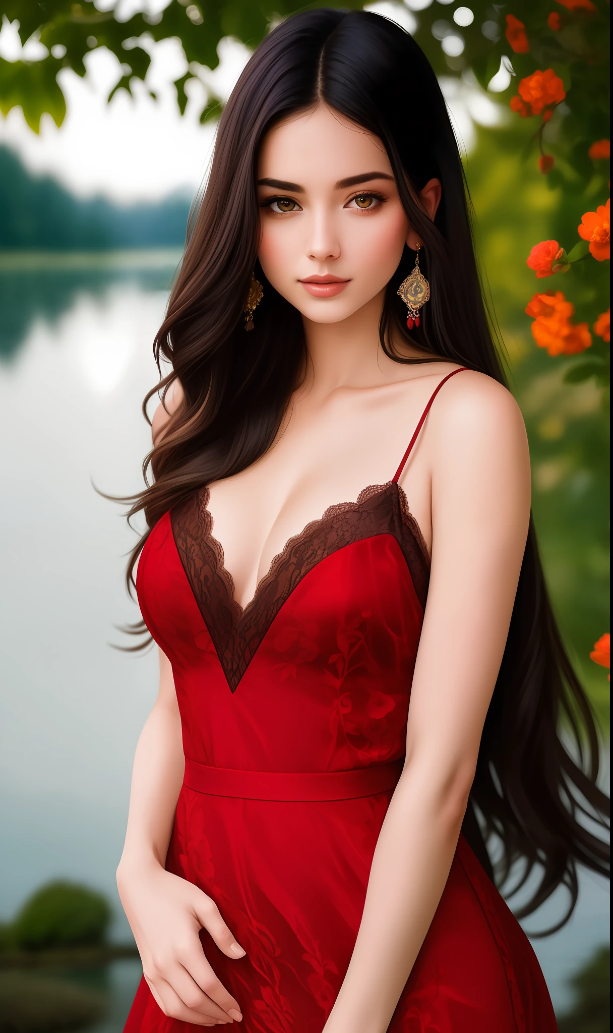 Portrait, (((photorealistic portrait))), (((hyperrealistic portrait))). Beautiful (sexy young woman), long dark hair, (beautiful face), (((correct anatomy, correct body proportions))), correct hands, correct hands, correct hands, ((beautiful hands)), ((smooth fingers)), (dressed) in red (((erotic lace dress))), against the backdrop of a lake in the garden, a garden with beautiful flowers on the branches of trees, a beautiful sky, 8k uhd, dslr, soft lighting, quality, film grain, Fujifilm XT3