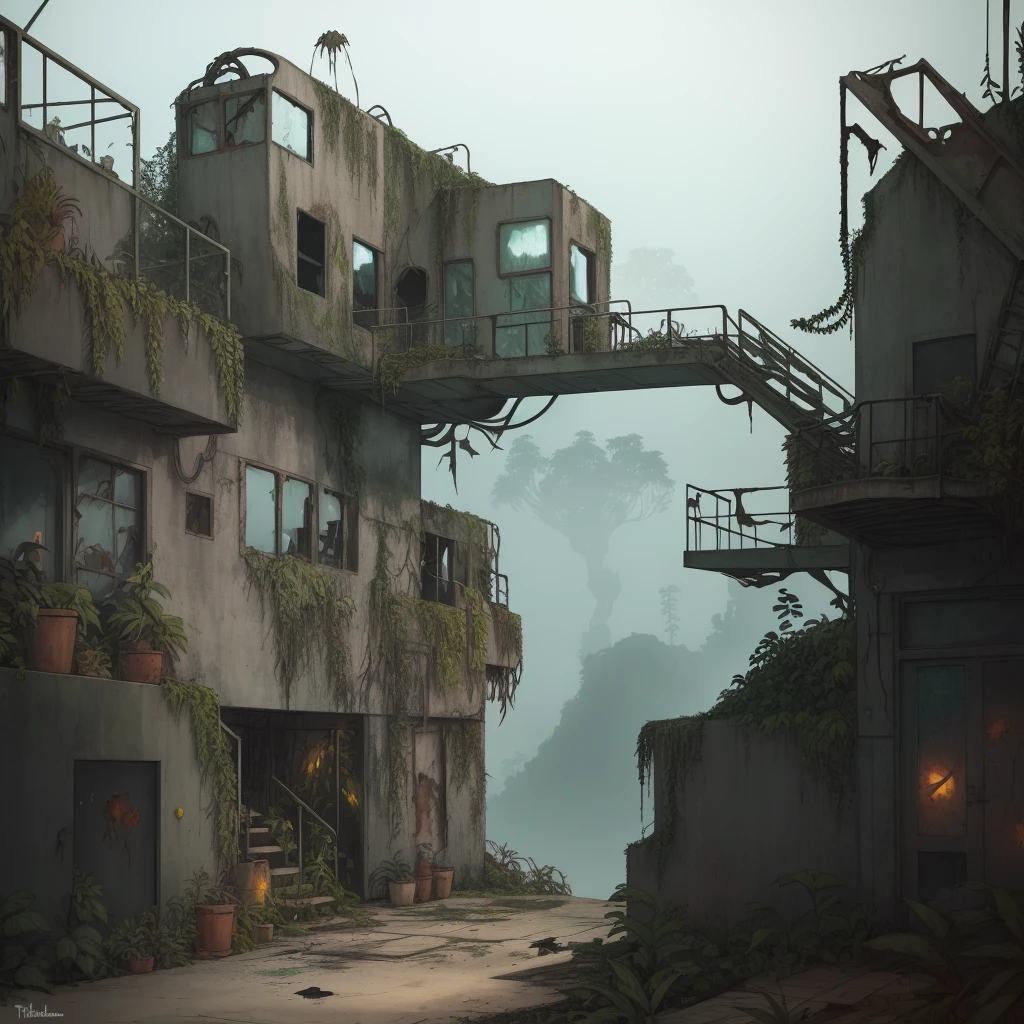 desolated, exterior, powder paint, confident drawing inspired by Factorio, tropical rainforest biome, unconventional flora, flawless layout, perspective, hand-drawing imitation, constructive approach, industrial staircase, (rusty, bunch of broken windows), concrete steel glass, matching constituents, derelict, simplified water, artistical skies, dramatic scenery, streamlined setting, an overgrown inspired by Machinarium