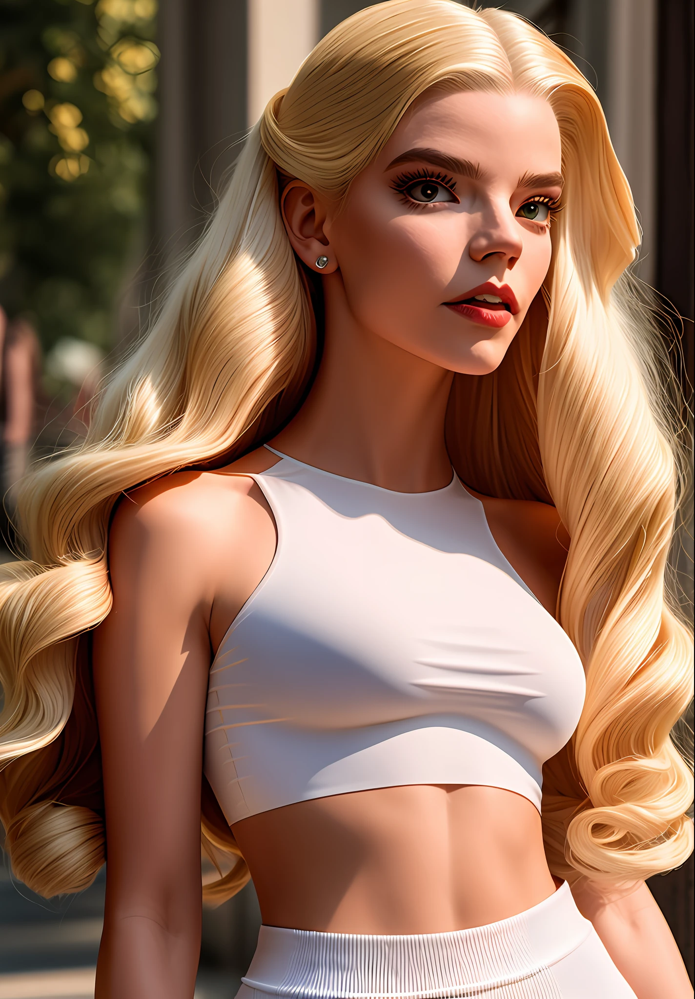 posing like a professional model, hair updo upsweep, blonde, white skin, stunningly beautiful, feminine form, sexy midriff, black crop top, stunningly gorgeous, immensely attractive, extremely appealing, flirty and playful, film photography, analog photography, extreme detail, 4k, ultra hd, Anna Dittmann, hyperrealism, trending on artstation, polished, beautiful, radiant, synesthesia, vibrant, photorealistic, backlight, hair light, 8k ultra hd.