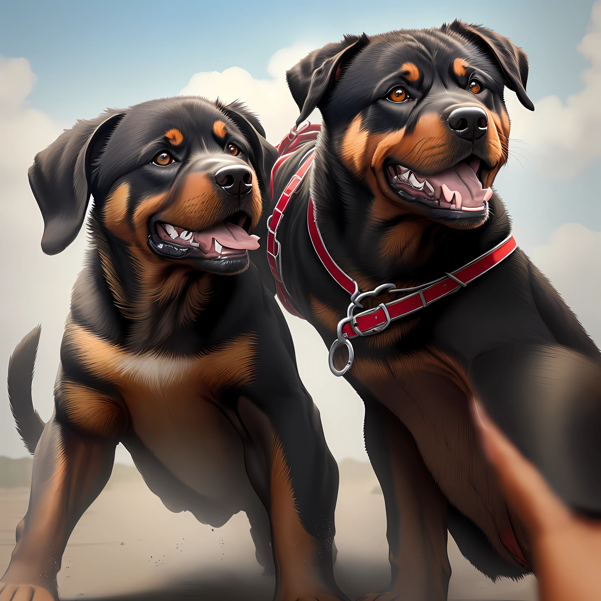 Aggressive rottweiler grabs owner by leash while trying to attack another dog