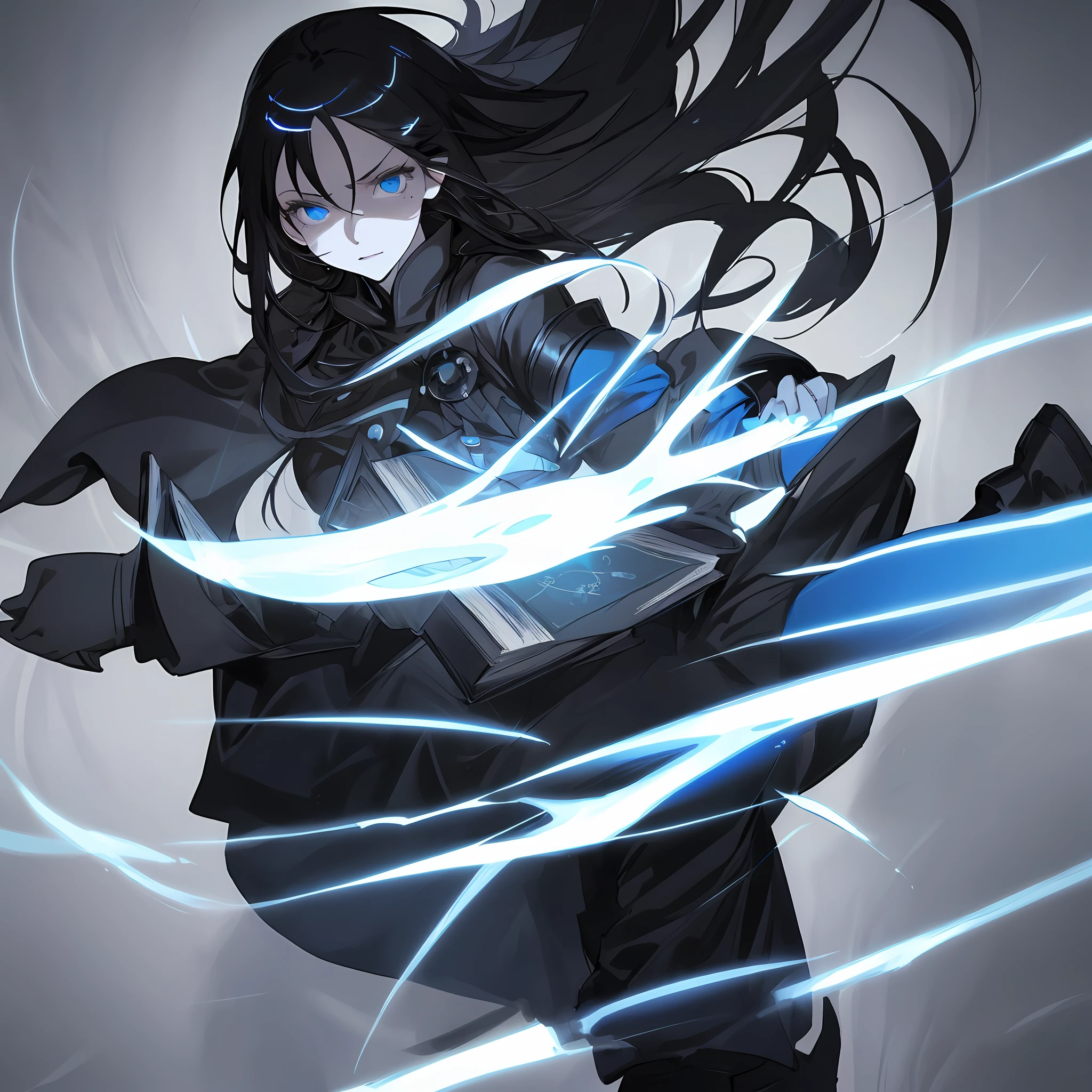 Realistic artwork, woman 1, black hair, blue eyes, outlined nose, white skin, scary straight hair, evil expression, sensual figure, black uniform, blue sleeves, black pants, black boots, a book of black magic on her left hand, eyes luminescence,