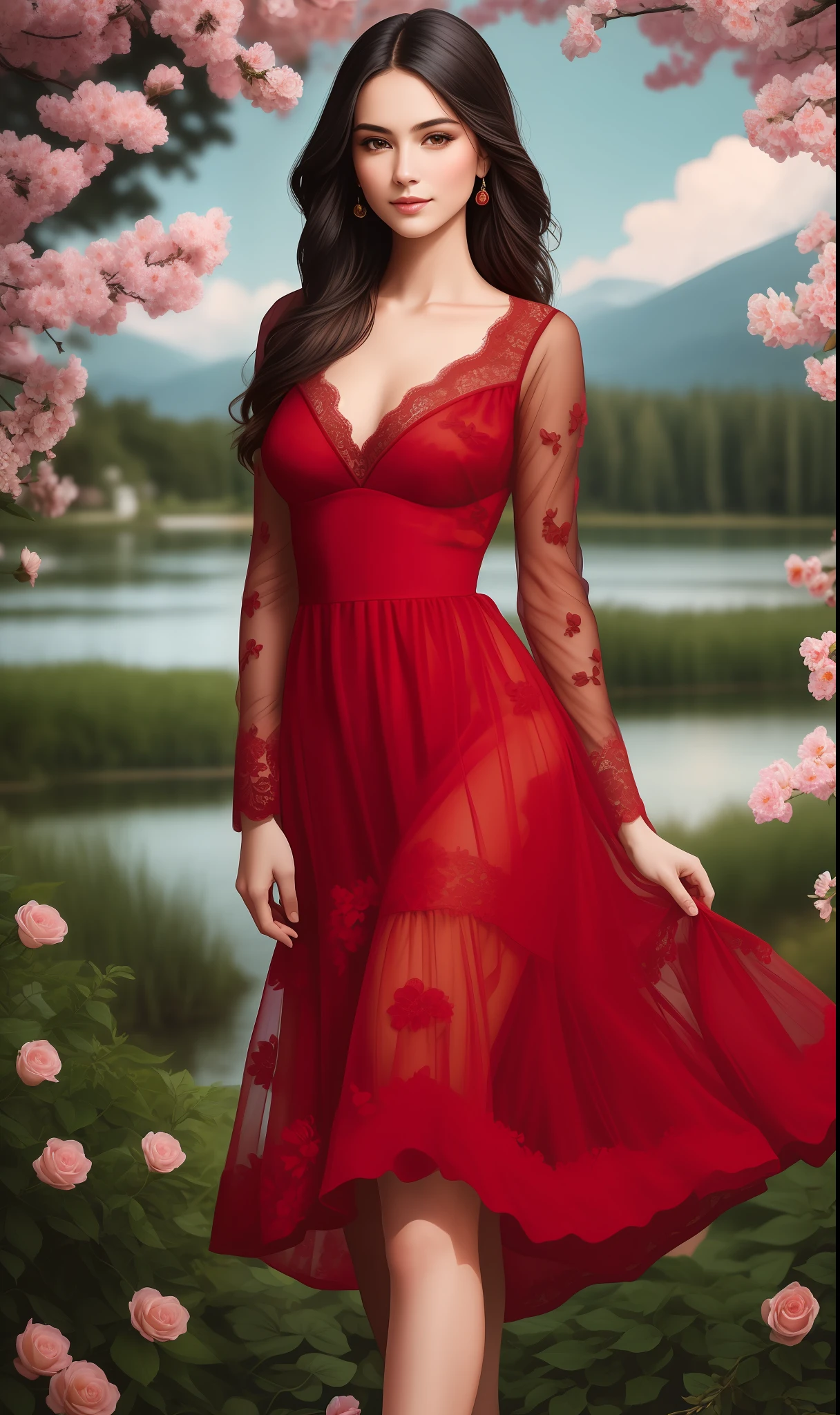 Portrait, (((photorealistic portrait))), (((hyperrealistic portrait))). Beautiful (sexy young woman), long dark hair, (beautiful face), (((correct anatomy, correct body proportions))), correct hands, correct hands, correct hands, ((beautiful hands)), ((smooth fingers)), (dressed) in red (((erotic lace dress))), against the backdrop of a lake in the garden, a garden with beautiful flowers on the branches of trees, a beautiful sky, 8k uhd, dslr, soft lighting, quality, film grain, Fujifilm XT3