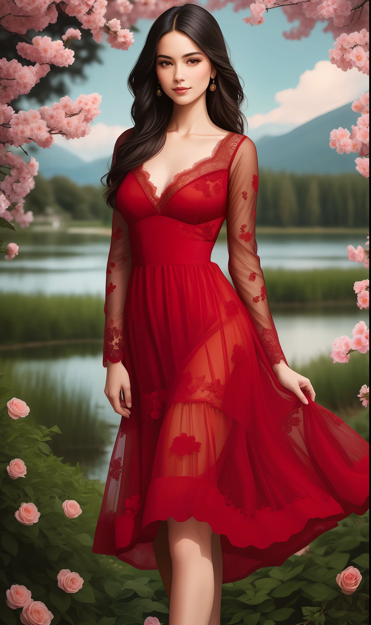 Portrait, (((photorealistic portrait))), (((hyperrealistic portrait))). Beautiful (sexy young woman), long dark hair, (beautiful face), (((correct anatomy, correct body proportions))), correct hands, correct hands, correct hands, ((beautiful hands)), ((smooth fingers)), (dressed) in red (((erotic lace dress))), against the backdrop of a lake in the garden, a garden with beautiful flowers on the branches of trees, a beautiful sky, 8k uhd, dslr, soft lighting, quality, film grain, Fujifilm XT3