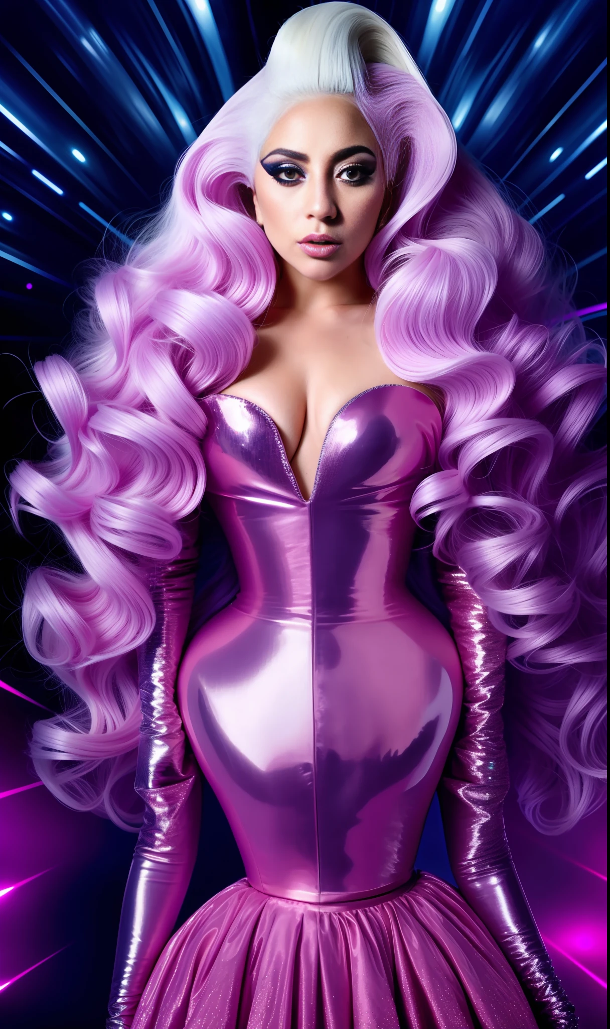 Lady gaga photo, 4K texture, long hair, high quality, extravagant hairstyle, original album cover, futuristic dress