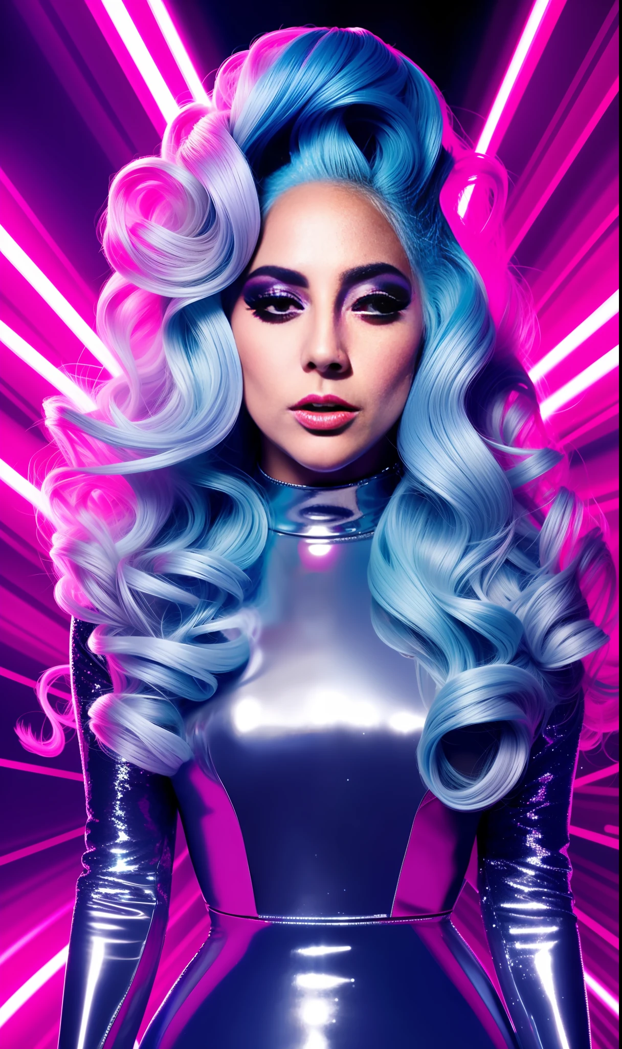 Lady gaga photo, 4K texture, long hair, high quality, extravagant hairstyle, original album cover, futuristic dress, 8k image, illuminated background
