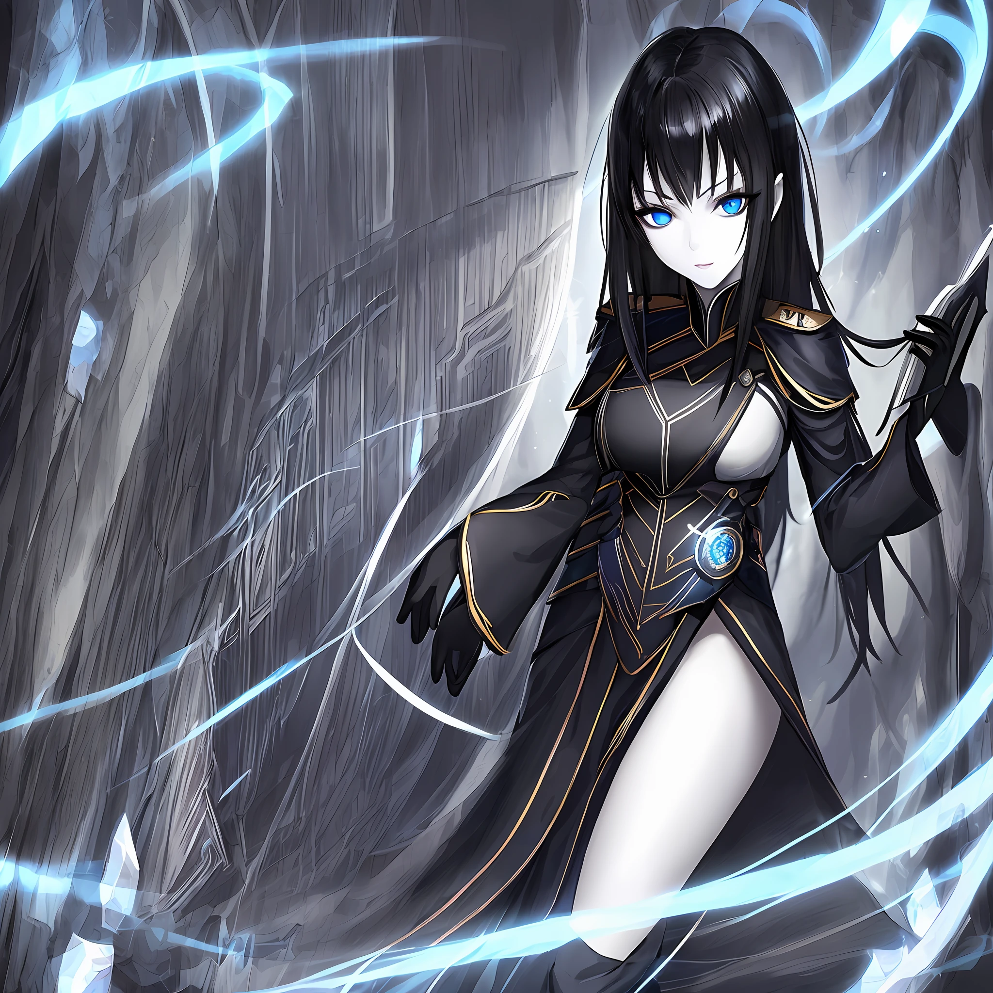Realistic artwork, woman 1, black hair, blue eyes, outlined nose, white skin, scary straight hair, malevolent expression, sensual figure, black uniform, blue sleeves, black pants, black boots, a book of black magic on her left hand, eyes luminescence,
