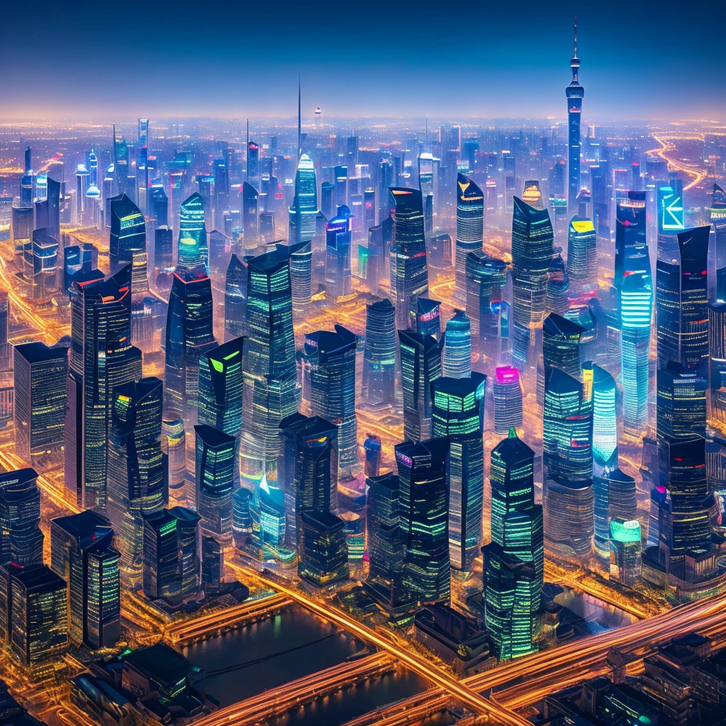 View of city skyline at night, bright lights, Shanghai city, Shanghai, Chinese New Year in Shanghai, no humans. No pedestrians. There are no passers-by. no humans. No pedestrians. There are no passers-by. The water surface is clean and the reflection effect is very beautiful. Visually stunning. Beautiful futuristic city, neon big city in background, brightly lit buildings, interesting backdrop, vibrant city lights, hou china, neon city in background, beautiful city, dream land of Chinese people, skyline show, from china, beautiful cityscape, photo of futuristic cityscape, pexels, blue hour photography, skyline show, hou china, city at night, skyline, from china, trend, trend, chinese dream, spectacular Clouds, fantasy clouds. Partially looking to the left, around the city, Shanghai Lujiazui. Chinese Architecture, Jia Ruan, Ruan Jia. The bustling technology building is beyond imagination. Inspired by Makoto Shinkai's popular concept art and masterpieces on pixiv, Vision (wide-angle lens), super high resolution (authenticity: 1.4), super high quality, detail enhancement. Extremely detailed CG Unity 8k wallpapers, aesthetics, award winning photography, photorealistic, high detail, intricate, art of travel, realistic 3D animation style, landscape concept art, super high resolution (photorealistic: 1.4), aesthetics, focus, High quality, vibrant colors, stunning reflections, crystal clear water, award winning cinematography, 3D lighting and beautiful cinematic lighting. Rich in detail. Remove blur, best quality.