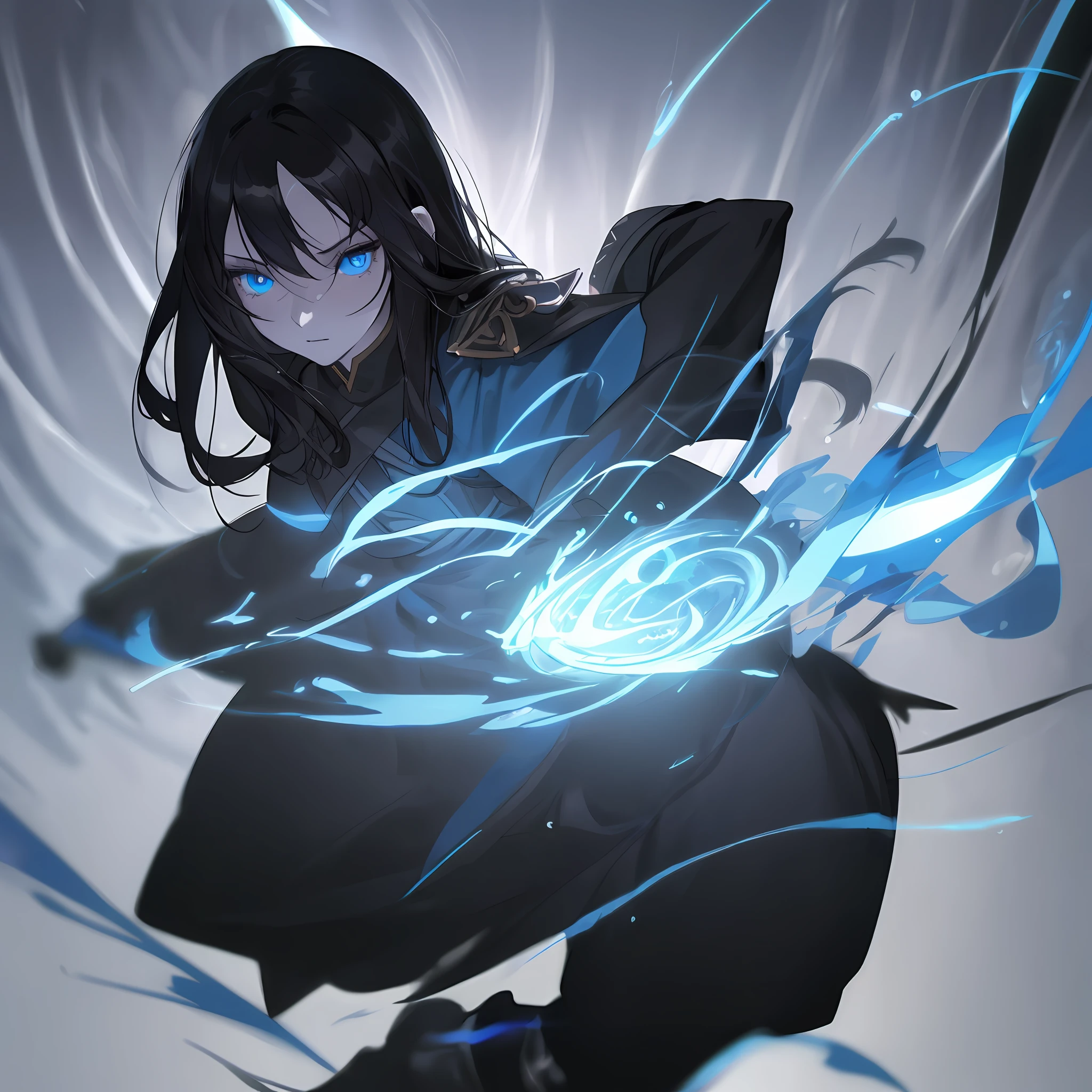 Realistic artwork, woman 1, black hair, blue eyes, outlined nose, white skin, scary straight hair, evil expression, sensual figure, black uniform, blue sleeves, black pants, black boots, a book of black magic on her left hand, eyes luminescence, blue fire