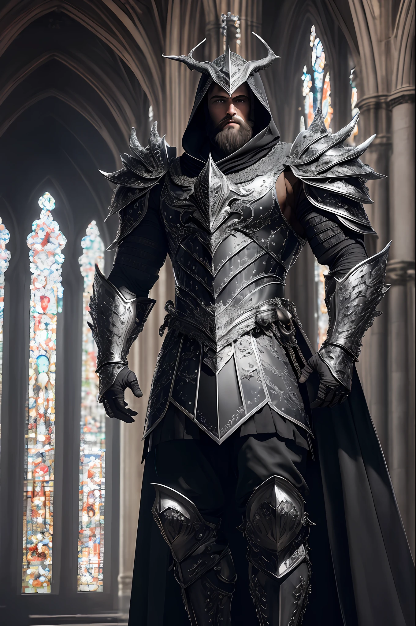 extremely detailed 8k wallpaper), intricate, highly detailed, dramatic, The Dragon Lord wears highly detailed black steel shoulder pads modeled after dragon heads with shimmering silver trimmings and ornaments, an overlying gray cloak with an extremely detailed large hood that falls low over the bearded face highly detailed gray feathered dragon wings with translucent membranes, insanely realistic graphics, insanely detailed details, ultra realistic and highly detailed heavy black steel armor with shiny silver shiny decorations on a gray tunic, extremely detailed heavy black steel gloves, steel boots with reinforced shiny silver ornaments, in a vaulted hall during the leisurely walk through the somber cathedral on a red velvet carpet, (show perspective from top left) during the passage of a somber vaulted hallway with many windows through which light falls,