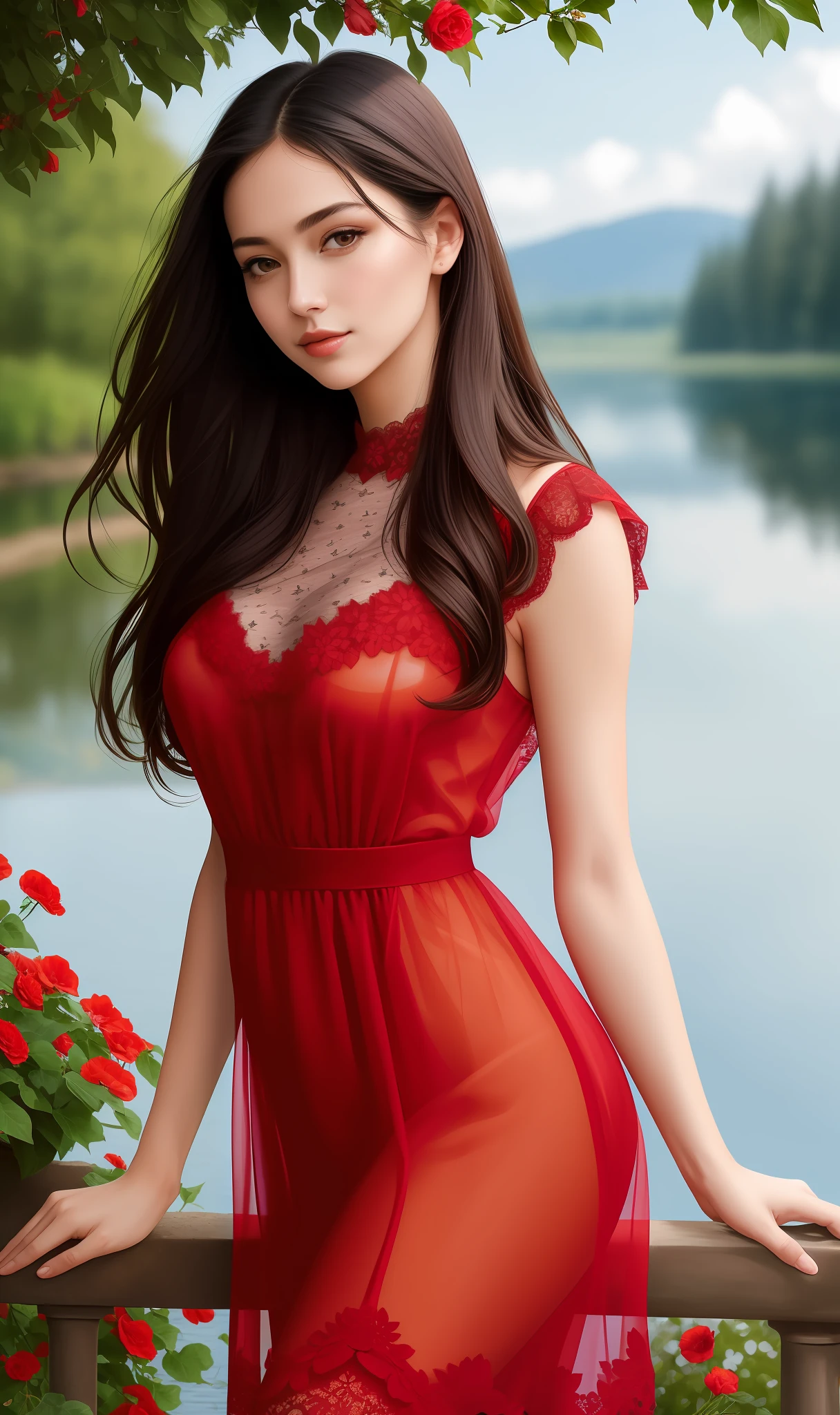 Portrait, (((photorealistic portrait))), (((hyperrealistic portrait))). Beautiful (sexy young woman), long dark hair, (beautiful face), (((correct anatomy, correct body proportions))), correct hands, correct hands, correct hands, ((beautiful hands)), ((smooth fingers)), (dressed) in red (((erotic lace transparent dress))), against the backdrop of a lake in the garden, a garden with beautiful flowers on the branches of trees, a beautiful sky, 8k uhd, dslr, soft lighting, quality, film grain, Fujifilm XT3