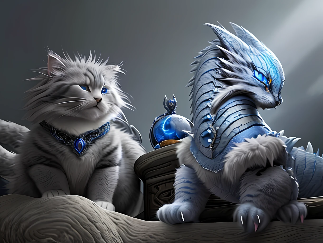 A big fat fluffy grey long-haired Scottish cat and a blue dragon with scaly skin sit snuggled up and look at each other like old friends