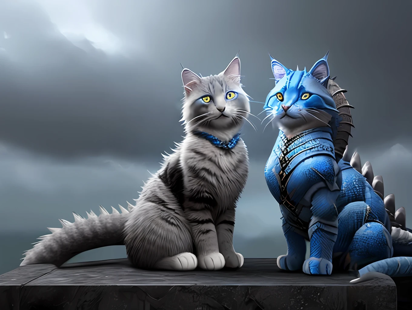 A big fat fluffy grey long-haired Scottish cat and a blue dragon with scaly skin sit snuggled up and look at each other like old friends
