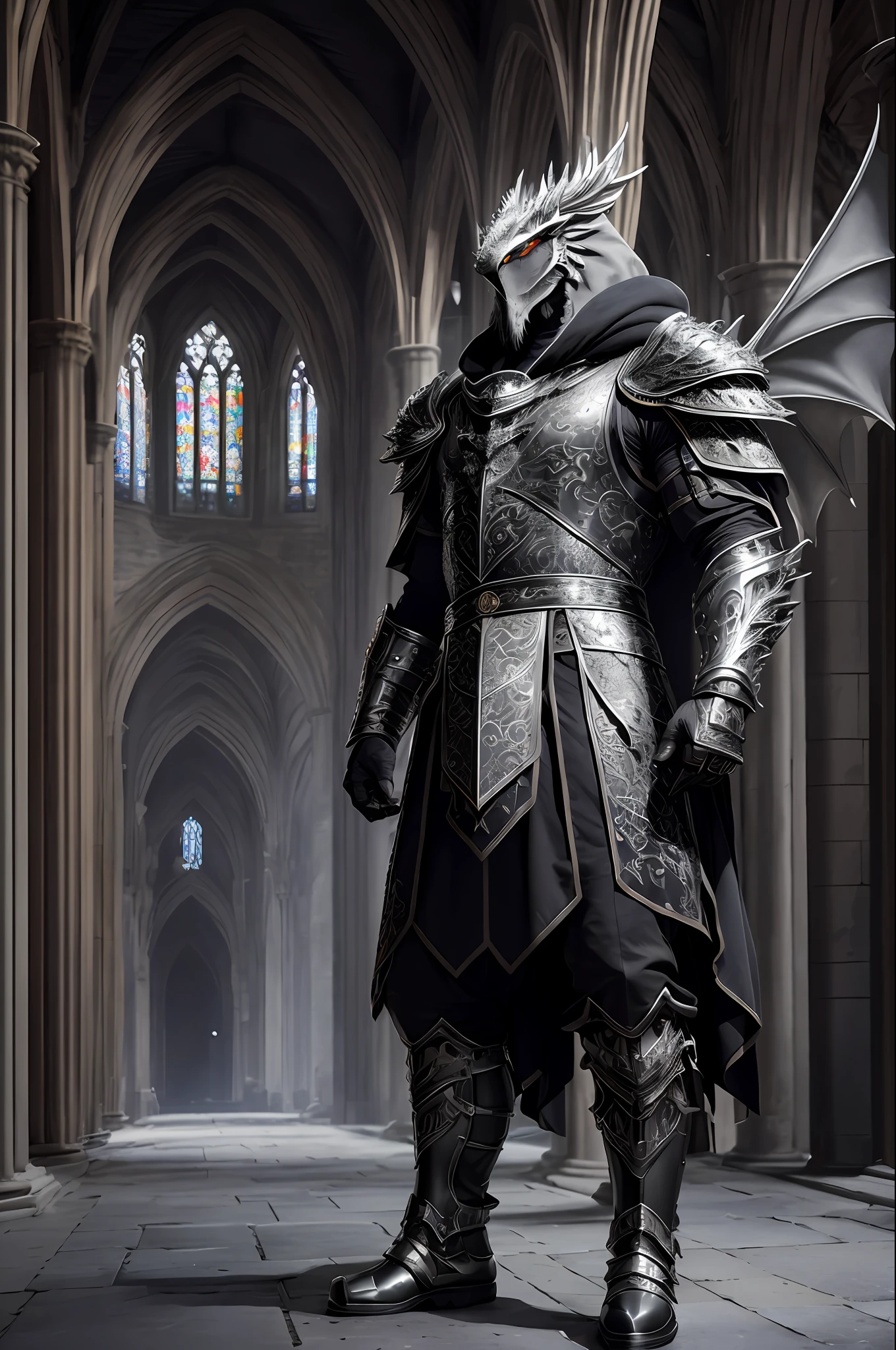 extremely detailed 8k wallpaper), intricate, highly detailed, dramatic, The Dragon Lord wears highly detailed black steel shoulder pads modeled after dragon heads with shimmering silver trimmings and ornaments, an overlying gray cloak with an extremely detailed large hood that falls low over the bearded face highly detailed gray feathered dragon wings with translucent membranes, insanely realistic graphics, insanely detailed details, ultra realistic and highly detailed heavy black steel armor with shiny silver shiny decorations on a gray tunic, extremely detailed heavy black steel gloves, steel boots with reinforced shiny silver ornaments, in a vaulted hall during the leisurely walk through the somber cathedral on a red velvet carpet, (show perspective from above) during the passage of a sombre vaulted passage with many windows through which the light falls,