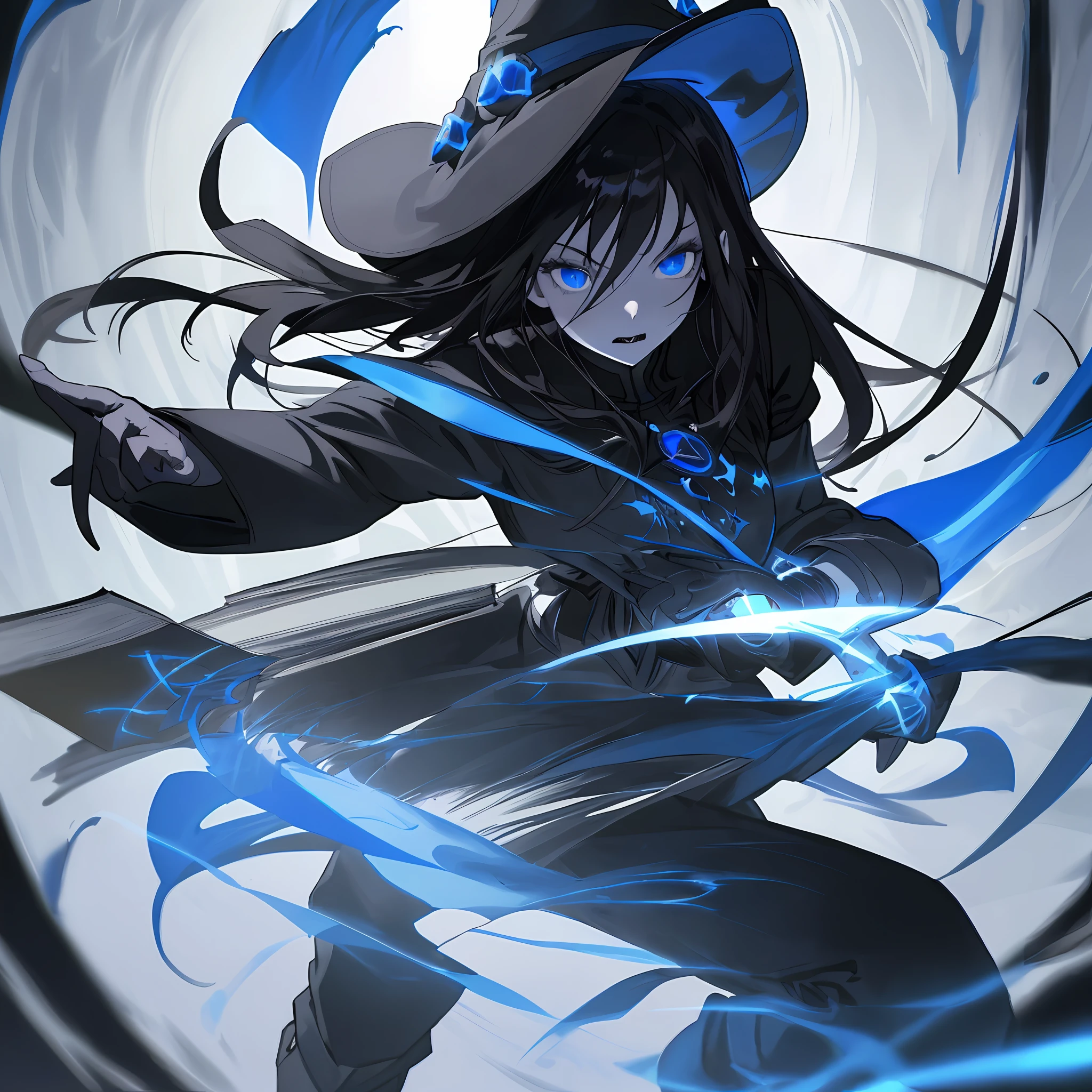 Realistic artwork, woman 1, witch, black hair, blue eyes, outlined nose, white skin, scary straight hair, evil expression, sexy figure, black uniform, blue sleeves, black pants, black boots, a book of black magic in his left hand, eyes luminescence, blue fire