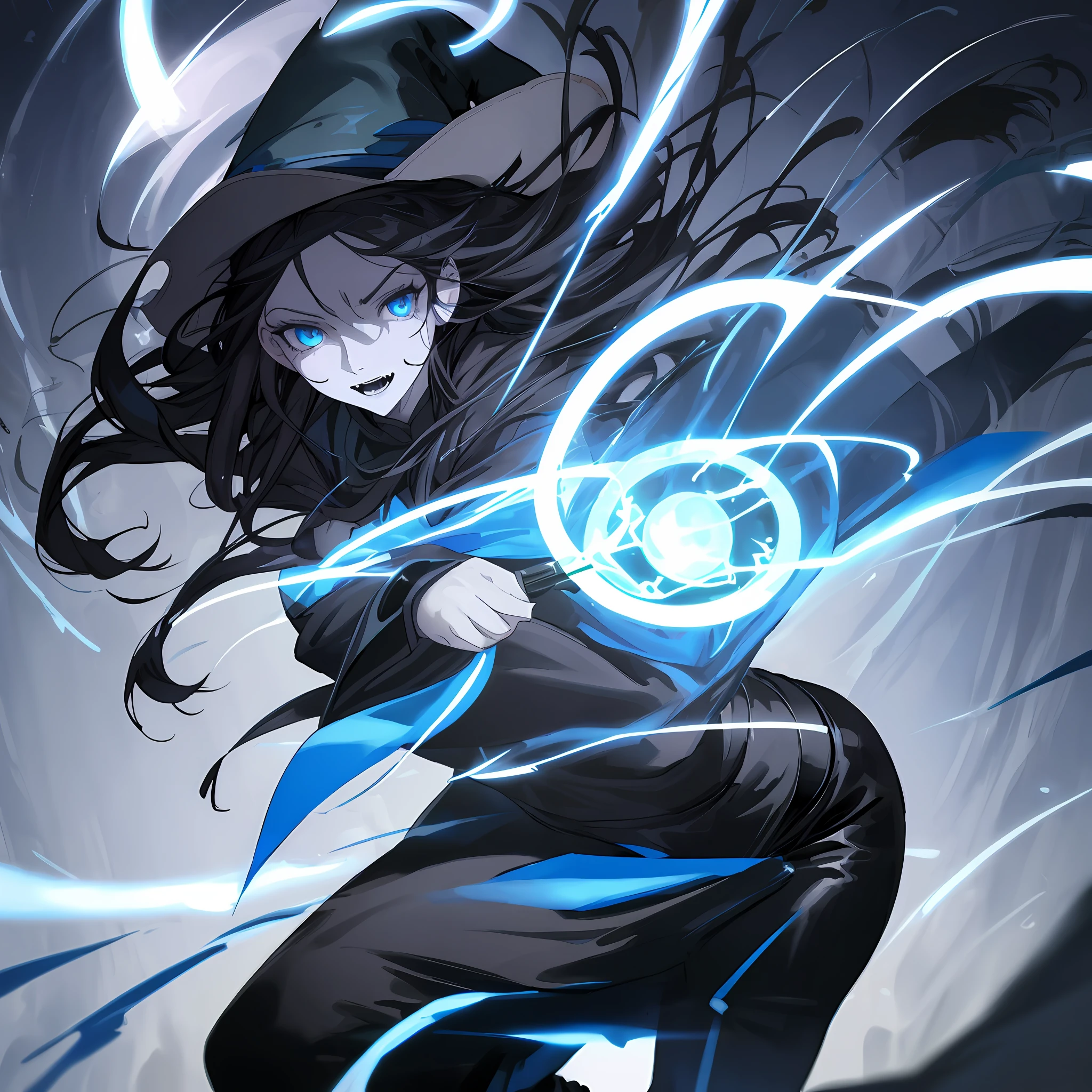 Realistic artwork, woman 1, witch, black hair, blue eyes, outlined nose, white skin, scary straight hair, evil expression, sexy figure, black uniform, blue sleeves, black pants, black boots, a book of black magic in his left hand, eyes luminescence, blue fire