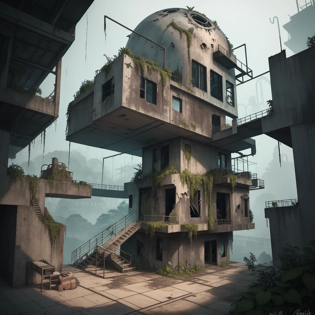 desolated, exterior, powder painting sligtly inspired by Factorio, nowadays architecture, tropical rainforest biome, unconventional flora, flawless layout, perspective, hand-drawing imitation, constructive approach, industrial staircase, (rusty, bunch of broken windows), concrete steel glass, matching constituents, derelict, simplified water, artistical skies, dramatic scenery, streamlined setting, an overgrown inspired by Machinarium