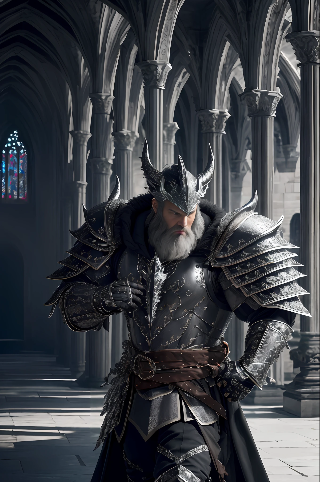 extremely detailed 8k wallpaper), intricate, highly detailed, dramatic, The Dragon Lord wears highly detailed black steel shoulder pads that look like dragon heads and are adorned with shimmering silver trimmings and ornaments, an overlying gray cloak with an extremely beautifully detailed large hood that goes deep drawn into the young bearded face, highly detailed gray feathered wings with translucent membranes, insanely realistic graphics, insanely detailed detailing, ultra realistic and highly detailed heavy black steel armor with shiny silver glitter trimmings on a silver gray tunic, extremely detailed heavy black steel gloves , steel boots with reinforced shiny silver ornaments, in a vaulted hall during the leisurely walk through the somber cathedral on a red velvet carpet, (show perspective from above) during the passage of a somber vaulted corridor with many windows through which the light falls,