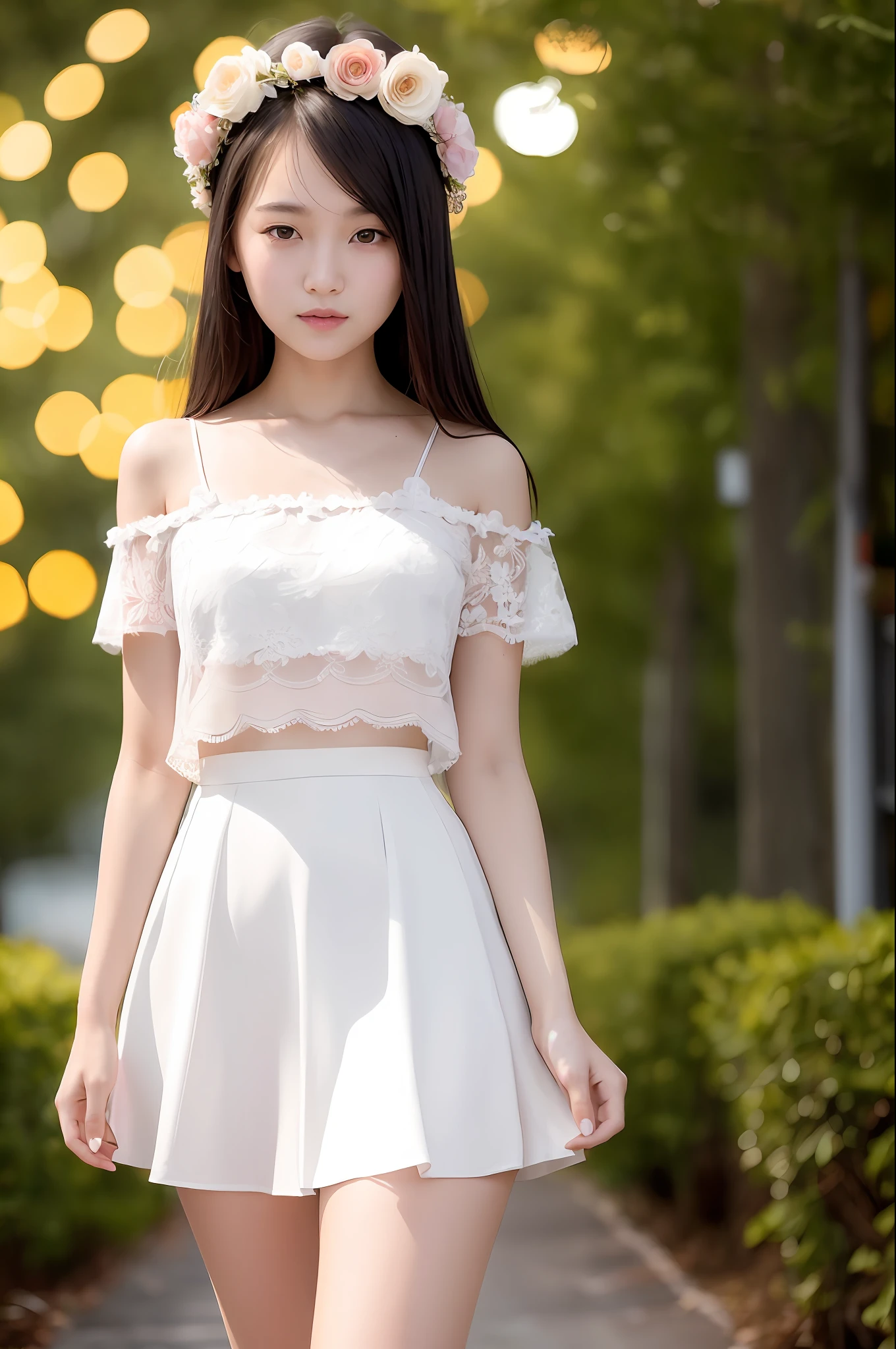 18-year-old Chinese girl is beautiful, sexy and feminine, long legs, wearing a white skirt, wearing a flower wreath, innocent smile, medium round chest, legs apart, fair skin behind hands, masterpiece, exquisite photo round face, round double eyelids, big eyes, long eyelashes, a dimple on the face, long black thick hair, dusk forest in the background, movie lights, bokeh