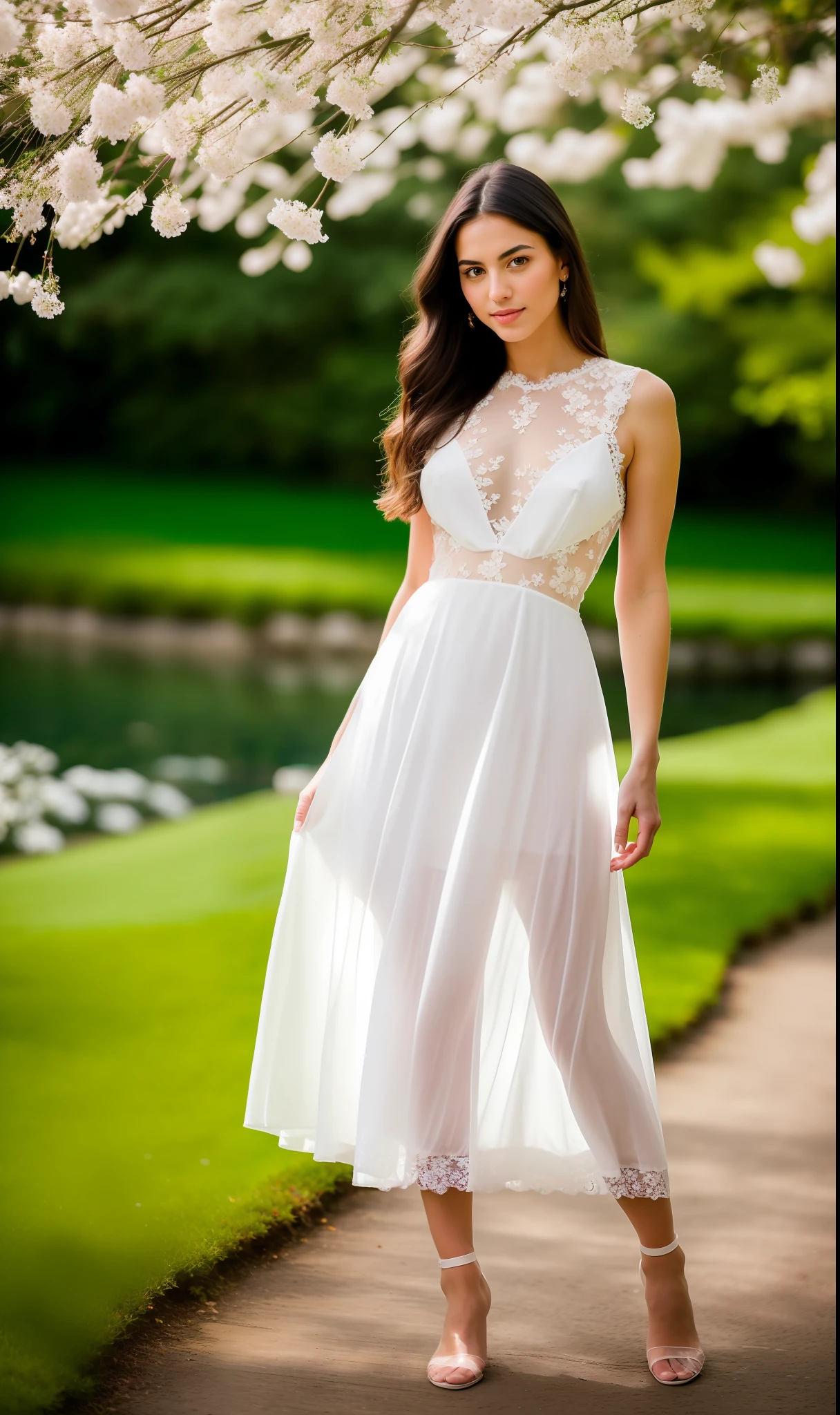 Portrait, (((photorealistic portrait))), (((hyperrealistic portrait))). Beautiful (sexy young woman), long dark hair, (beautiful face), (((correct anatomy, correct body proportions))), correct hands, correct hands, correct hands, ((beautiful hands)), ((smooth fingers)), (dressed) in white (((erotic lace transparent dress))), deep slit on the skirt, against the background of the lake in the garden, garden with beautiful flowers on the branches of trees, beautiful sky, 8k uhd, dslr, soft lighting, quality, film grain, Fujifilm XT3