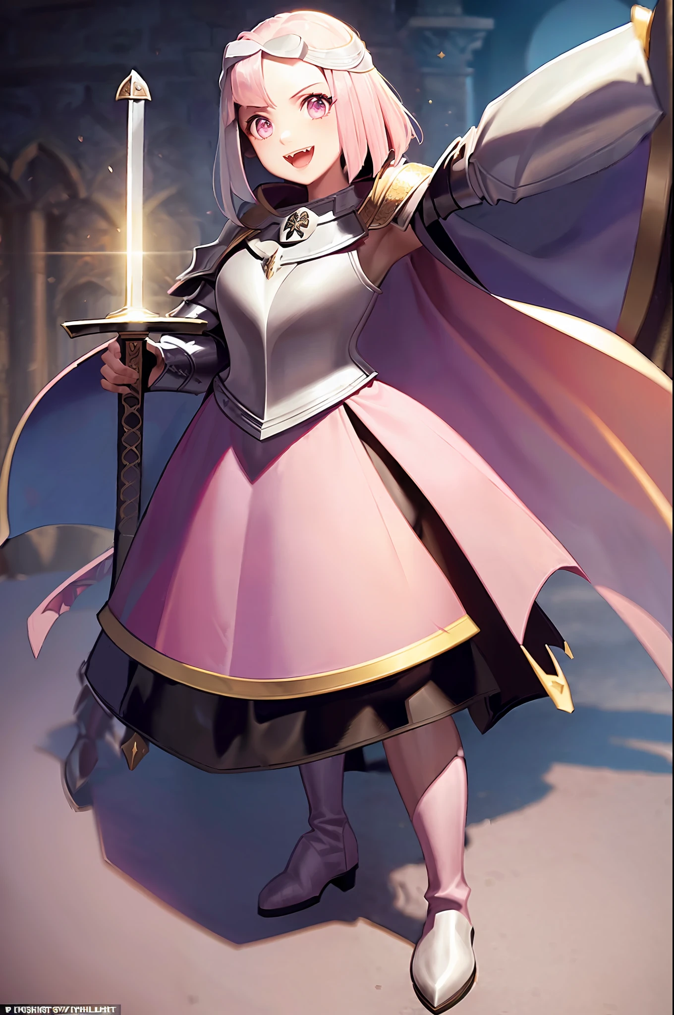 (fantasy),(medieval clothing)),((full body),(open mouth+smile)),((1girl),),(pink eyes),((knight armor),(skirt),(cloak), (big sword),(sword holding),(boots)),,(fangs),(pants) white veils, mediumbreast