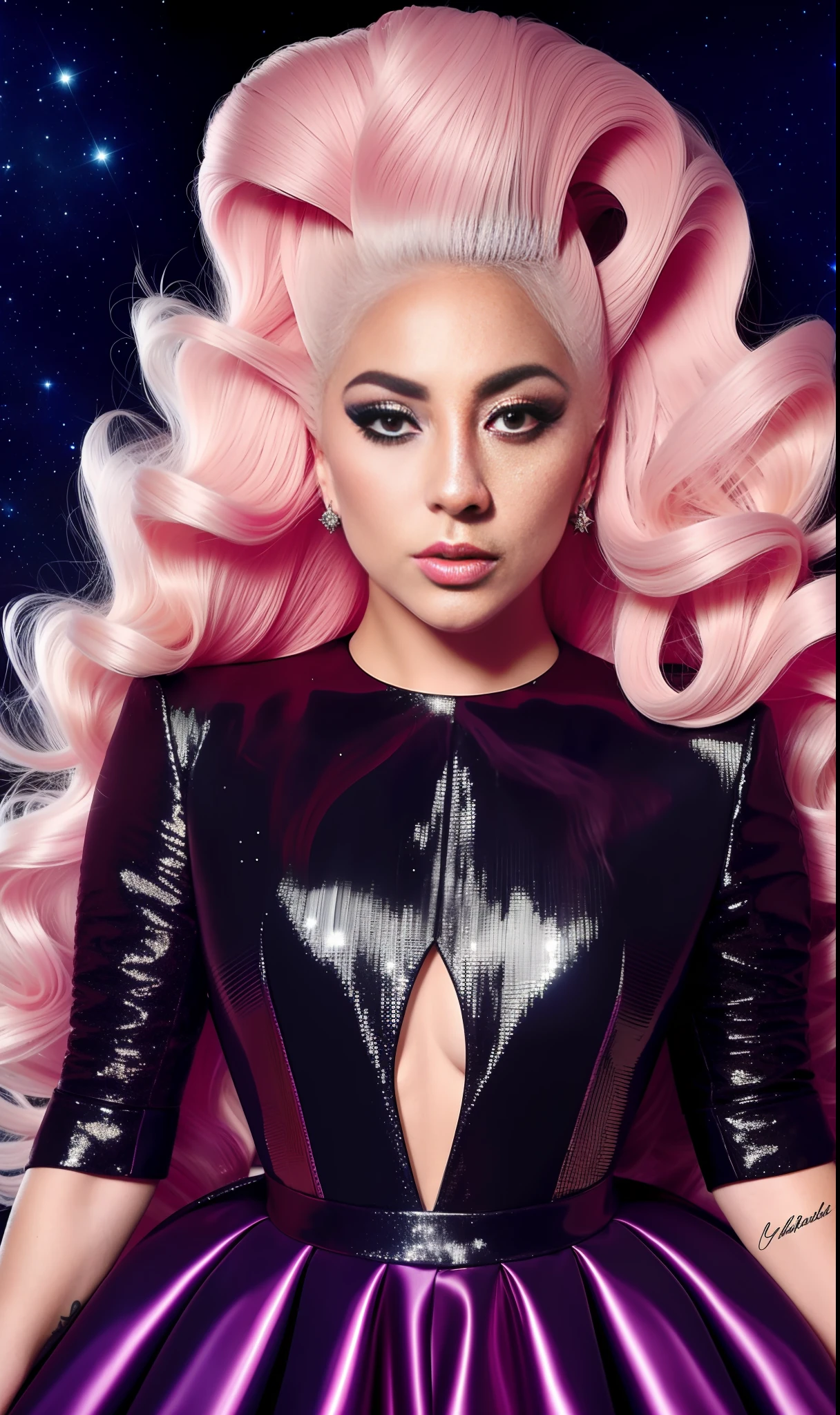 Lady gaga photo, 4K texture, long hair, high quality, extravagant hairstyle, original album cover, couture dress, 8k image, stars background