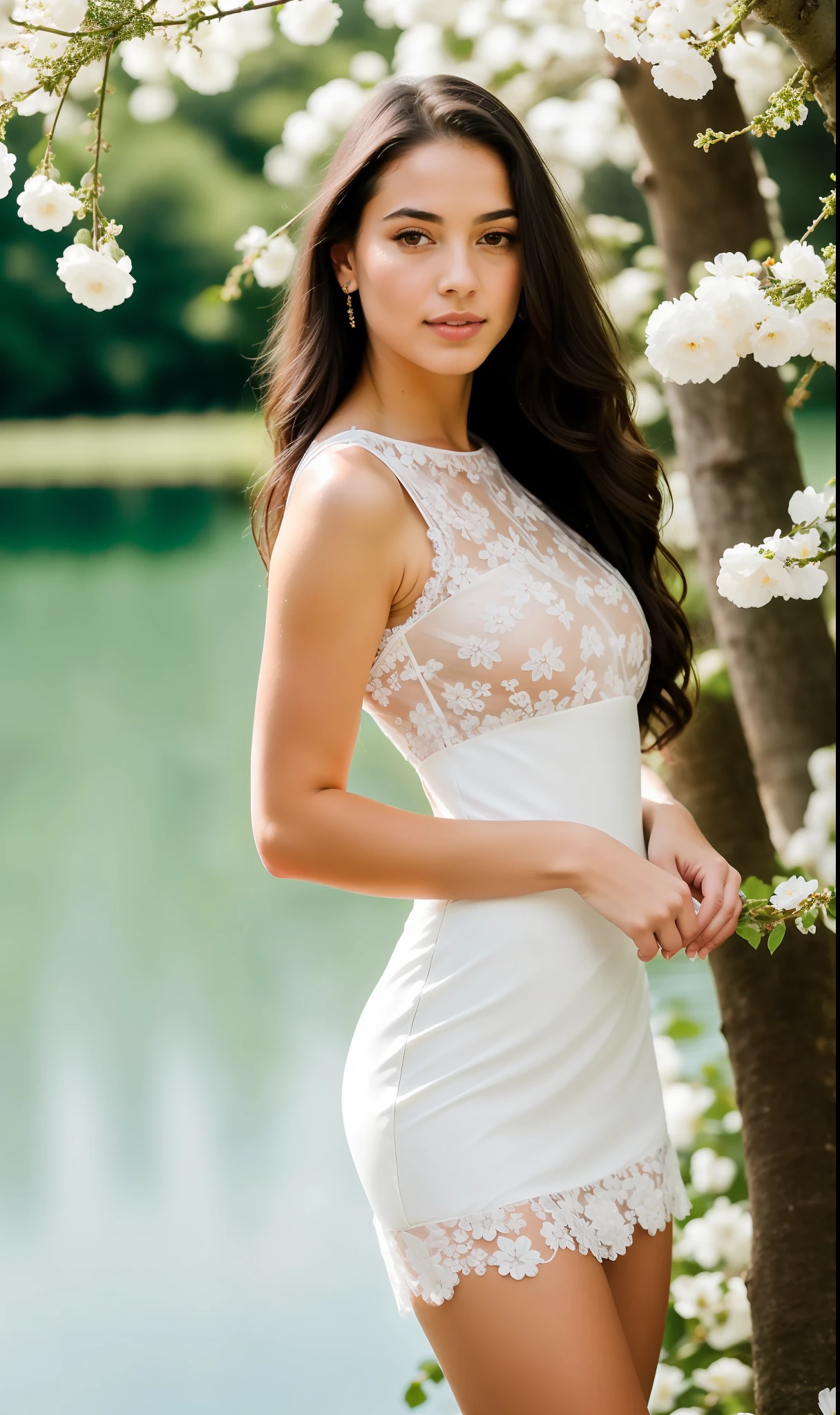 Portrait, (((photorealistic portrait))), (((hyperrealistic portrait))). Beautiful (sexy young woman), long dark hair, (beautiful face), (((correct anatomy, correct body proportions))), correct hands, correct hands, correct hands, ((beautiful hands)), ((smooth fingers)), (dressed) in white (((erotic lace transparent dress))), ((deep slit on the skirt)), against the backdrop of a lake in the garden, a garden with beautiful flowers on the branches of trees, a beautiful sky, 8k uhd, dslr , soft lighting, quality, film grain, Fujifilm XT3