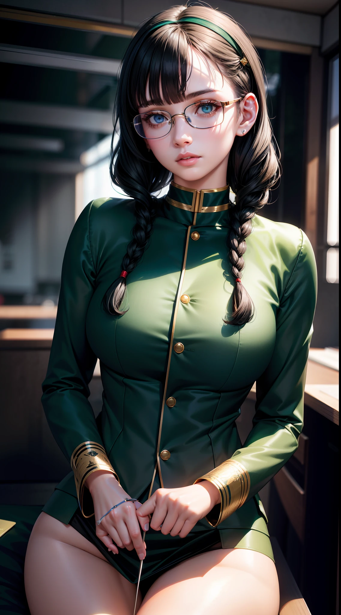 Beautifully detailed delicate face, beautiful detailed delicate eyes, perfect facial proportions, high-detailed skin, fine skin, best ratio four fingers to one thumb, masterpiece, detail High resolution, realistic, matching hair style and face shape, highest facial resolution, adult, modestly dressed woman, fully dressed, small, black hair, black braids, bangs, red glasses, dark green eyes, army, professor, academic uniform, scientist uniform, red shirt, white shirt, future world, science fiction, futuristic city, hi-tech city, government agency, personality profoundly intelligent, discreet expression, respectful face, war, fighter plane