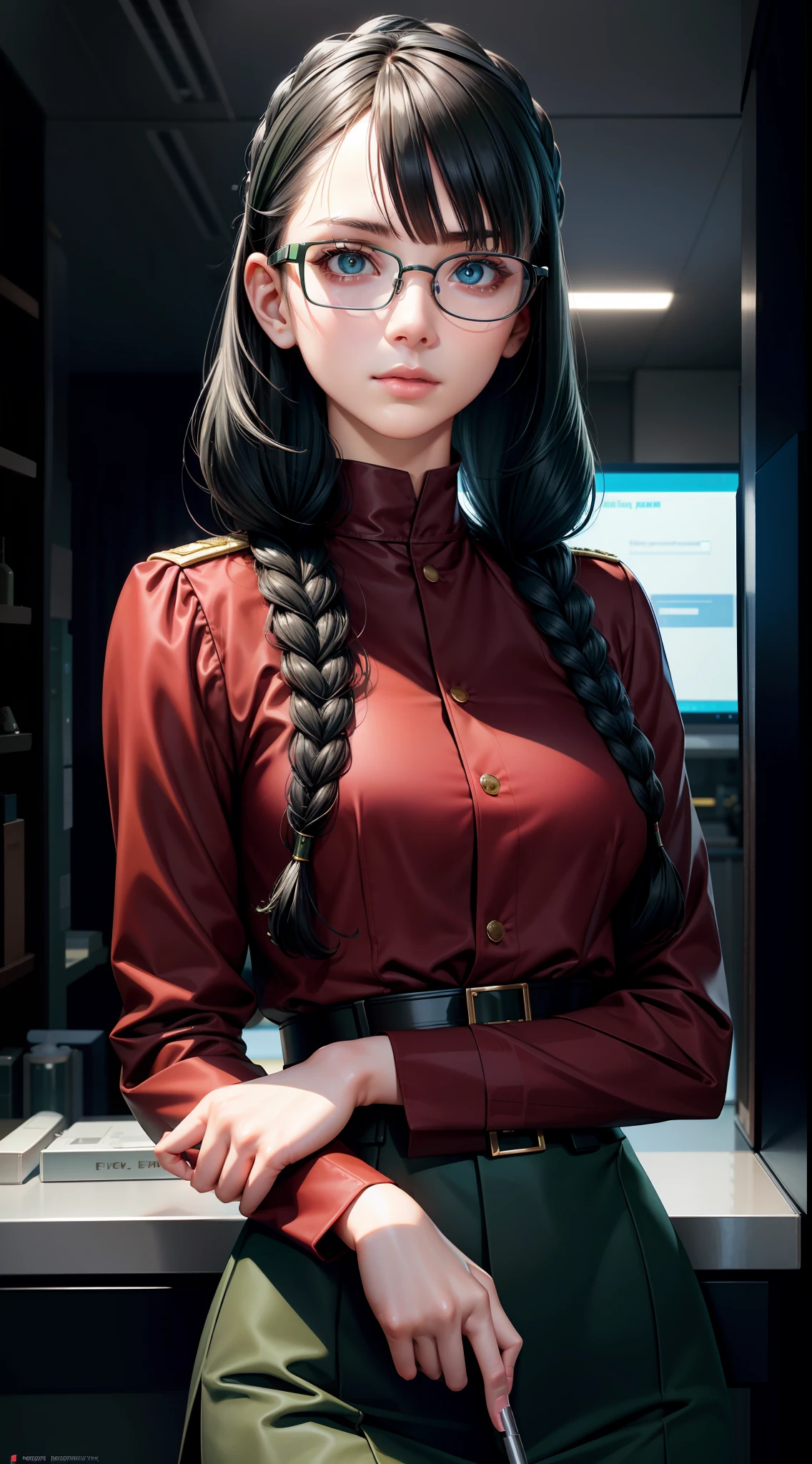 Beautifully detailed delicate face, beautiful detailed delicate eyes, perfect facial proportions, high-detailed skin, fine skin, best ratio four fingers to one thumb, masterpiece, detail High resolution, realistic, matching hair style and face shape, highest facial resolution, adult, modestly dressed woman, fully dressed, small, black hair, black braids, bangs, red glasses, dark green eyes, army, professor, academic uniform, scientist uniform, red shirt, white shirt, future world, science fiction, futuristic city, hi-tech city, government agency, personality profoundly intelligent, discreet expression, respectful face, war, fighter plane