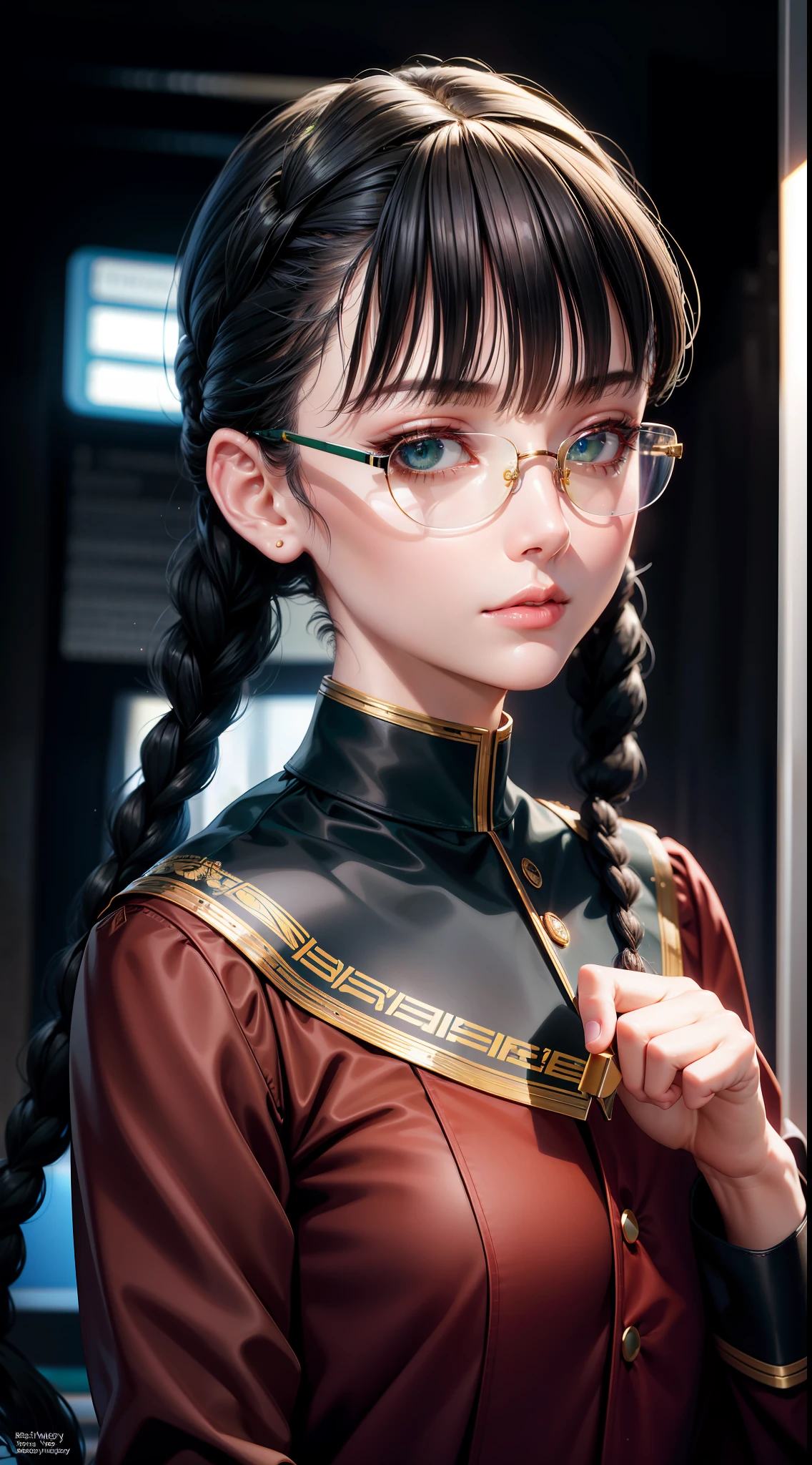 Beautifully detailed delicate face, beautiful detailed delicate eyes, perfect facial proportions, high-detailed skin, fine skin, best ratio four fingers to one thumb, masterpiece, detail High resolution, realistic, matching hair style and face shape, highest facial resolution, adult, modestly dressed woman, fully dressed, small, black hair, black braids, bangs, red glasses, dark green eyes, army, professor, academic uniform, scientist uniform, red shirt, white shirt, future world, science fiction, futuristic city, hi-tech city, government agency, personality profoundly intelligent, discreet expression, respectful face, war, fighter plane
