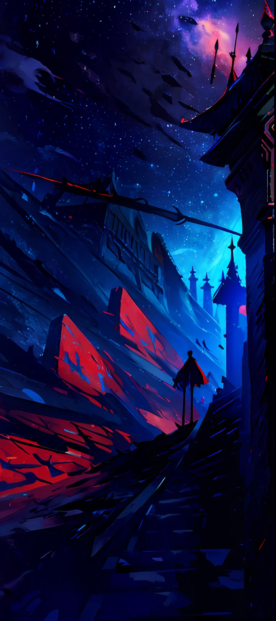 Tower of God, Roud tower, starry tower, violet, blue, red, Red person, Roof, person on roofs soear, person with spear, red spear