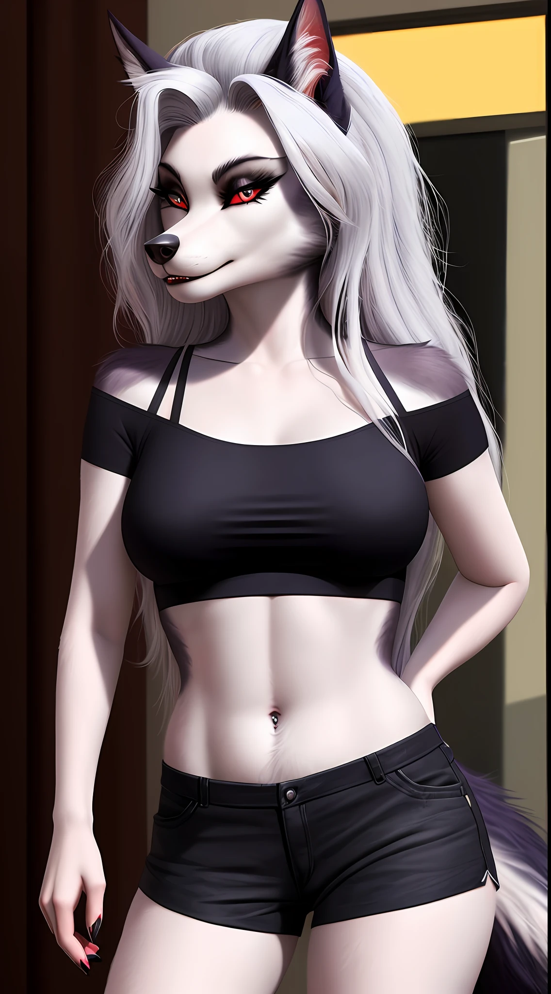 uploaded on e621, nsfw, raw photo, realistic, anthro, detailed face, detailed fur, snout, helluva boss, loona hellhound, loona, clothed, crop top, black shorts, high res, high resolution