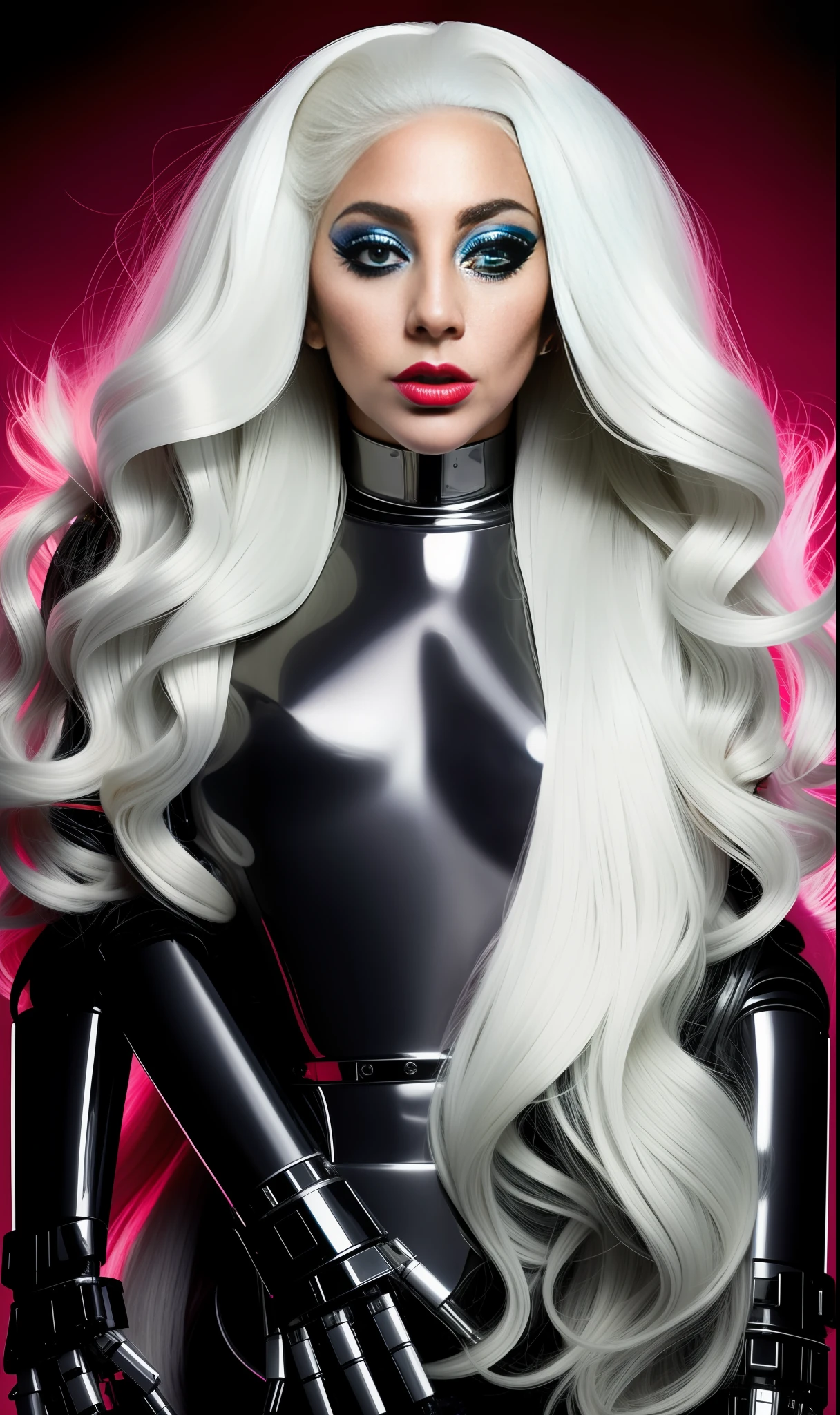 Lady gaga robot photo, 4K texture, long hair, high quality, extravagant hairstyle, original album cover, couture dress, 8k image, futuristic, high quality, poker face
