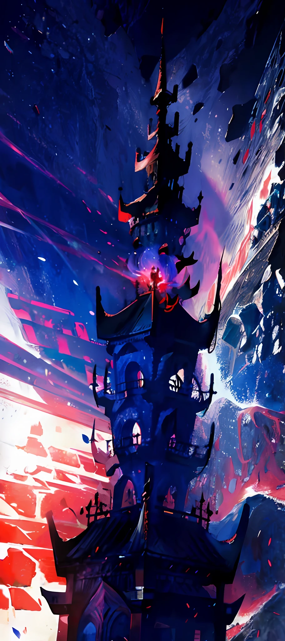 Tower of God, Roud tower, starry tower, violet, blue, red, Red person, Roof, person on roofs soear, person with spear, red spear