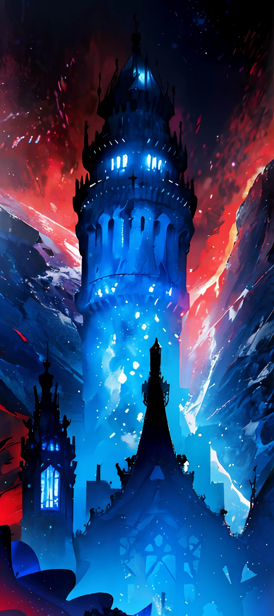 tower of god, blue tower, violet, blue, red, white, White tower, dim tower, god, red sky, starry sky, stars, starry tower, starry god