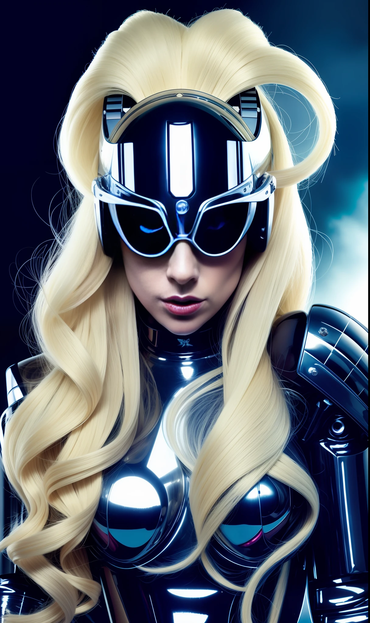 Lady gaga robot photo, 4K texture, long hair, high quality, extravagant hairstyle, original album cover, couture dress, 8k image, futuristic, high quality