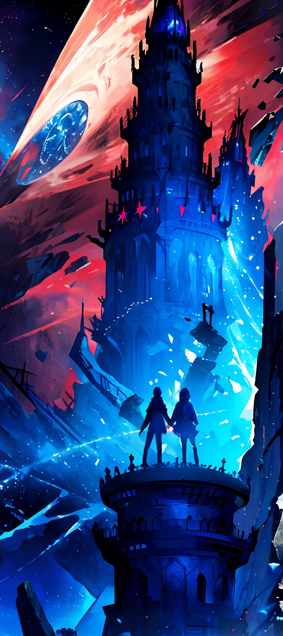 tower of god, blue tower, violet, blue, red, white, dim tower, god, red sky, violet sky, starry sky, stars, starry tower, starry god, loght blue