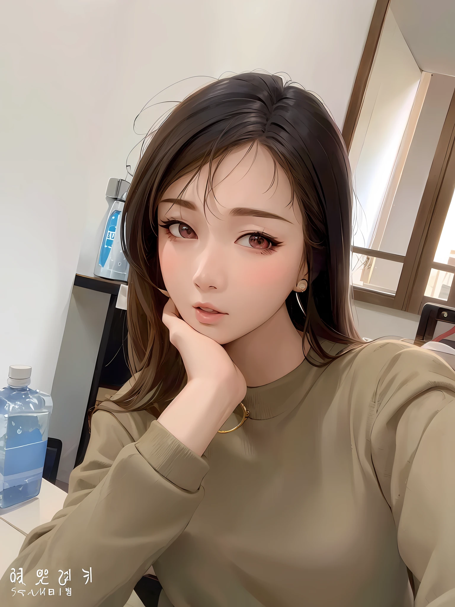 arafed woman with long hair sitting at a table with a bottle of water, ulzzang, heonhwa choe, jaeyeon nam, 8k selfie photograph, lee ji - eun, lee ji-eun, 8k)), korean girl, with short hair, park ji-min, jinyoung shin, popular korean makeup, sakimichan