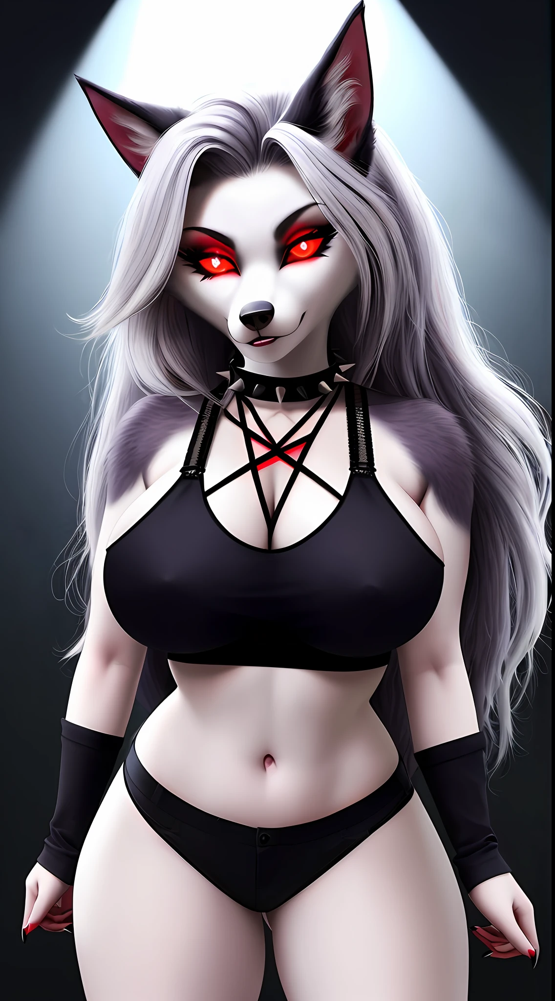 uploaded on e621, nsfw, raw photo, realistic, anthro, detailed face, detailed fur, snout, helluva boss, loona hellhound, loona, big breasts, clothed, Grey Crop Top, Pentagram Body Harness, Black Cotton Shorts, Spiked Collar Choker, Grey Leg Warmers, high res, high resolution, leaning forward, red office background, sfw, dark, shadows, glowing eyes