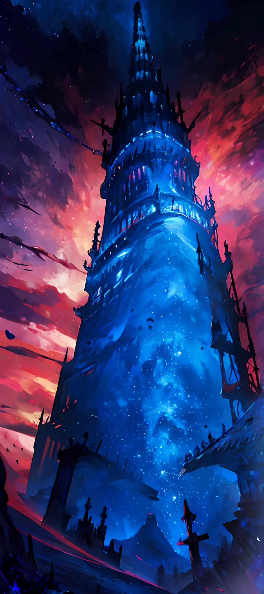 tower of god, blue tower, violet, blue, red, dim tower, god, red sky, violet sky, starry sky, stars, starry tower, starry god, lightt blue, civilization, order