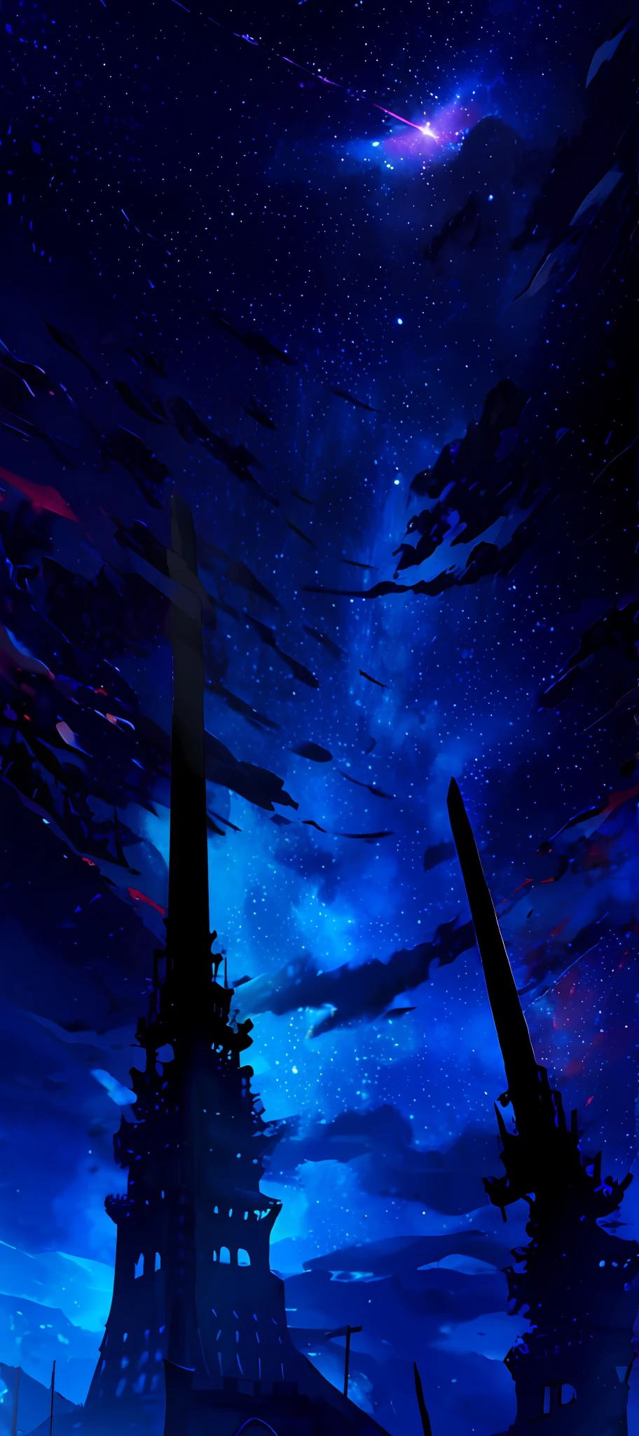 tower of god, blue tower, violet, blue, red, dim tower, god, red sky, violet sky, starry sky, stars, starry tower, starry god, light blue, spears, sky spears, violet spears, red spears