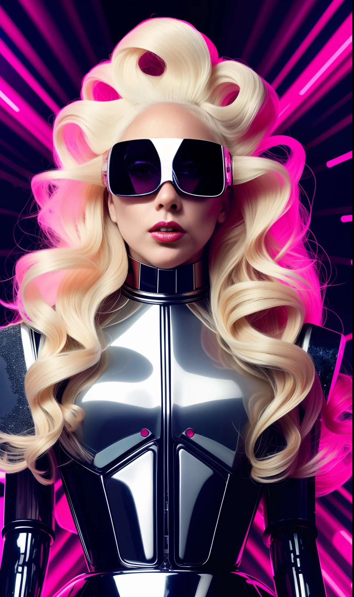 Lady gaga robot photo, 4K texture, long hair, high quality, extravagant hairstyle, original album cover, couture dress, 8k image, futuristic, high image quality