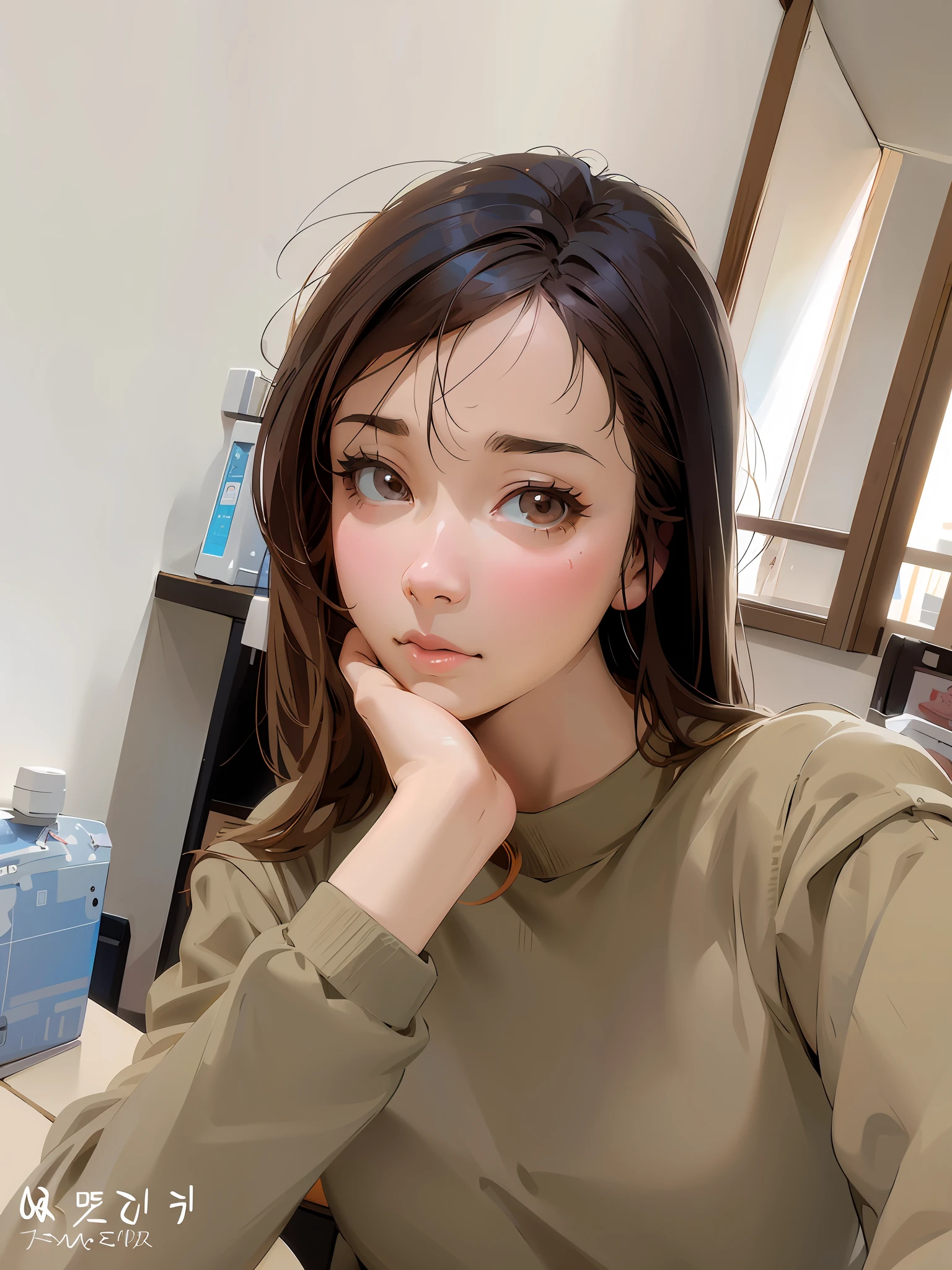 anime girl with long hair and brown shirt sitting at a desk, realistic anime 3 d style, kawaii realistic portrait, realistic anime artstyle, realistic anime art style, artwork in the style of guweiz, realistic artstyle, realistic young anime girl, 8k selfie photograph, digital anime illustration, beautiful anime portrait, photorealistic anime, made with anime painter studio